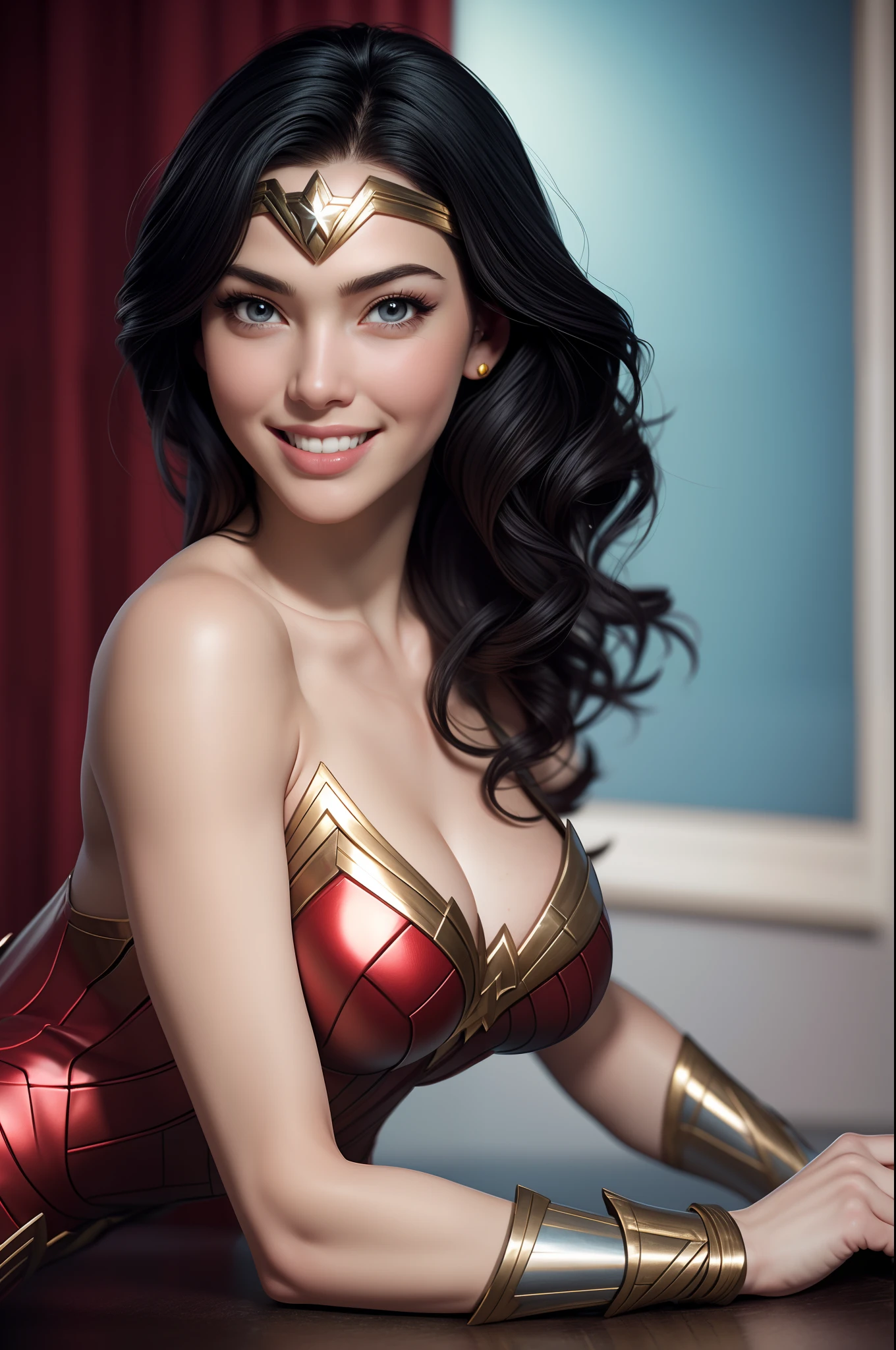 Wonder woman, Portrait photo by Altgarm, realism style, Glowing skin, Cartoon hero, Natural light, Defined lips, Strong physical strength, Feminine body, Full body, viewer, (Smile:1.2), Depth of field f/1.8, studio shot, (((looking in camera))), Camera orientation, ellen von unwerth, (Sexy Pose:1.5)