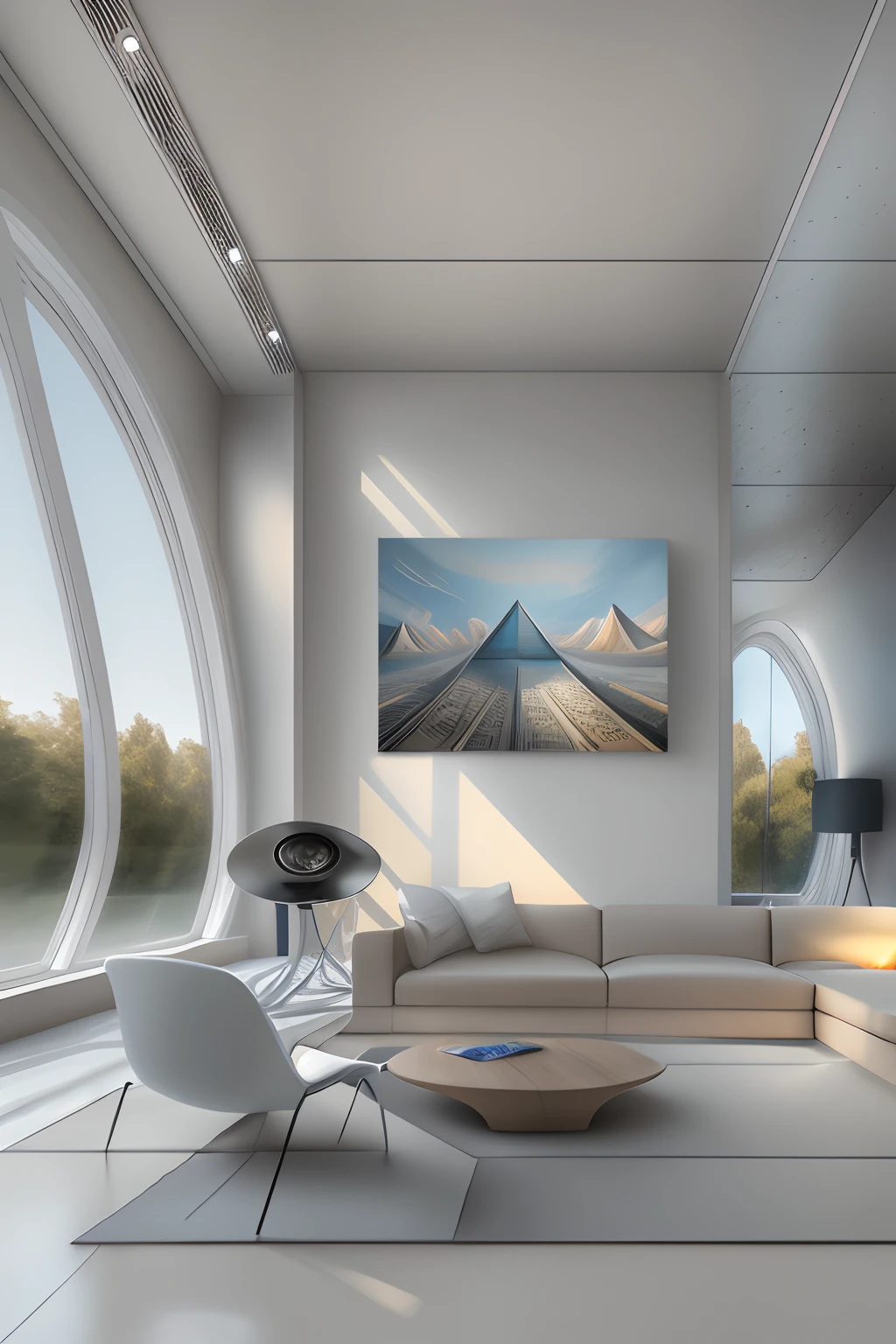 liveroom，There is a wall in the middle of the living room,The painting on the wall is in the middle, Paintings on the walls, skyscape, Large airy windows, Zaha Hadid and Santiago Calatrava landscape panoramic style, Fish, Clear light, Edge lighting, Perfect image, Building summary style, 16k UE5. superfine, 8K, hdr, Product photography, Depth of field, Nikon D850, Ultra-realistic, no contrast, clean sharp focus, professional, No blurring