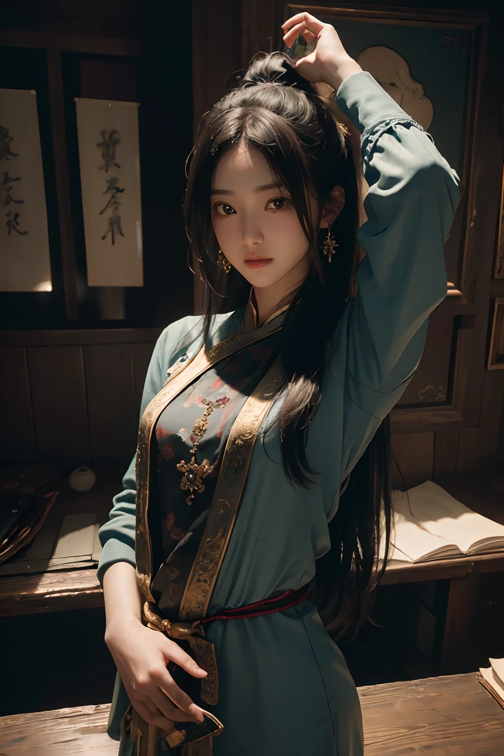 (RAW Photography、top-quality)、(realisitic、Photorealsitic:1.3)、top-quality、high-detail、masterpiece、Tobburesu、nipple、ultra-detailliert、illustratio、1girl、upper_body、dynamic ungle、world masterpiece theater、messy_long_hair、top-quality、the Extremely Detailed CG Unity 8K Wallpapers、inky、magnifica、电影灯光、lens_flare、dunhuang_style