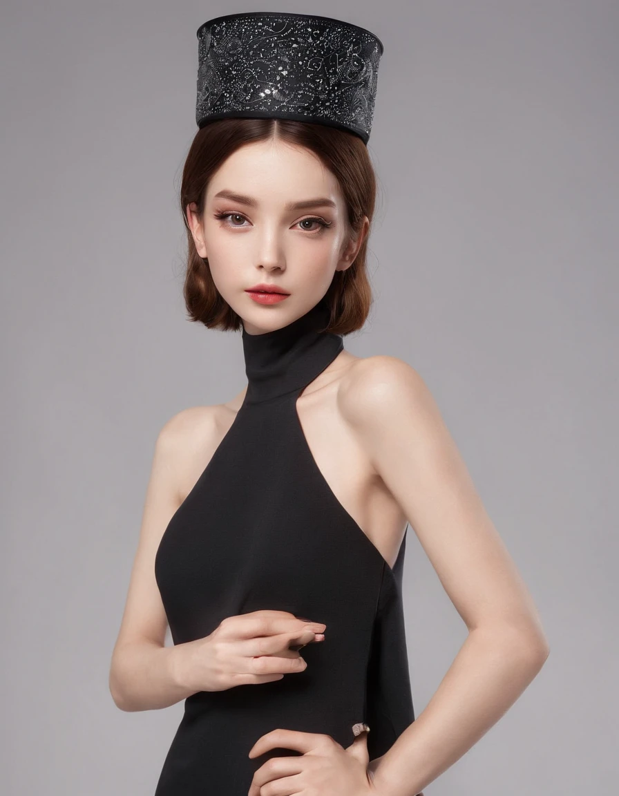 She wears a small cocktail hat on her head. She is very young, Elegant and beautiful 18 year old woman.
She wears slim, See-through, Off-the-shoulder, Black Halter Neck Dress.
Her hair is long and straight.Dynamic Posing、A detailed face、