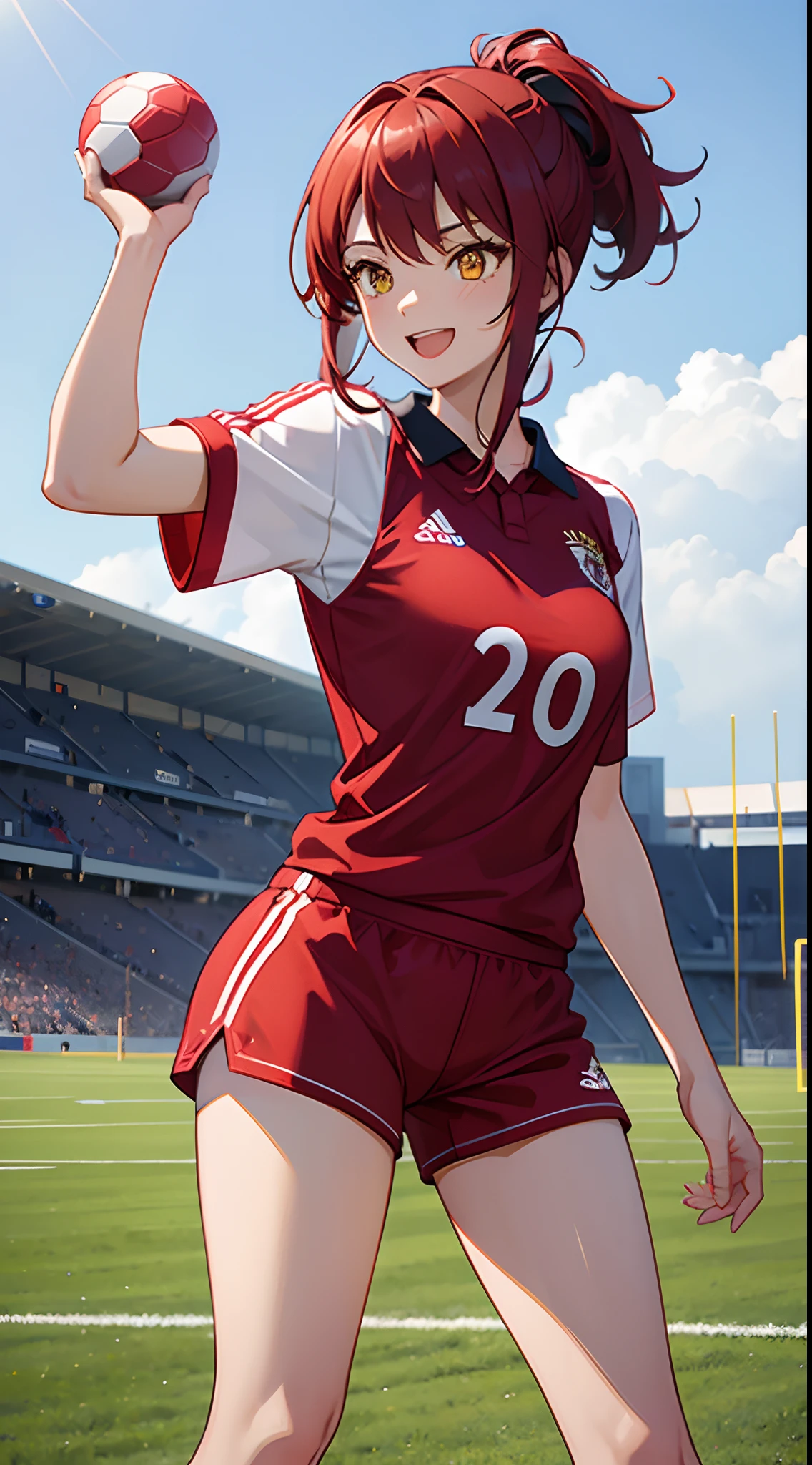 1 girl 19 years old, yellow eyes, shoulder-short red hair, hair tied high, wearing red and white soccer jerseys, wearing red soccer shorts, wearing red socks, excited smile, confident face, happy attitude, raise hand high, sunny weather, noon, football field at school, upper body, from the side, extremely detailed, best graphics, 8k, ultrasharp, masterpiece