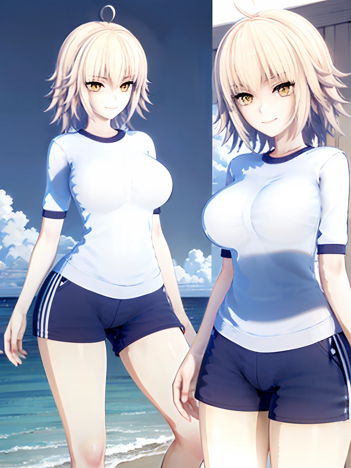 (top-quality)、(masterpiece)、(ighly detailed)、face perfect、(Top image quality)、Beautiful fece、photo portrait 、White hair、length hair、Yellow eyes、super-detaild skin、slingshot、high-heels、the beach、Sunnyday、Super detailed big、good hip line、Ultra-detailed thighs、depth of fields、Seductive smile、Soft lighting、High-precision needle、