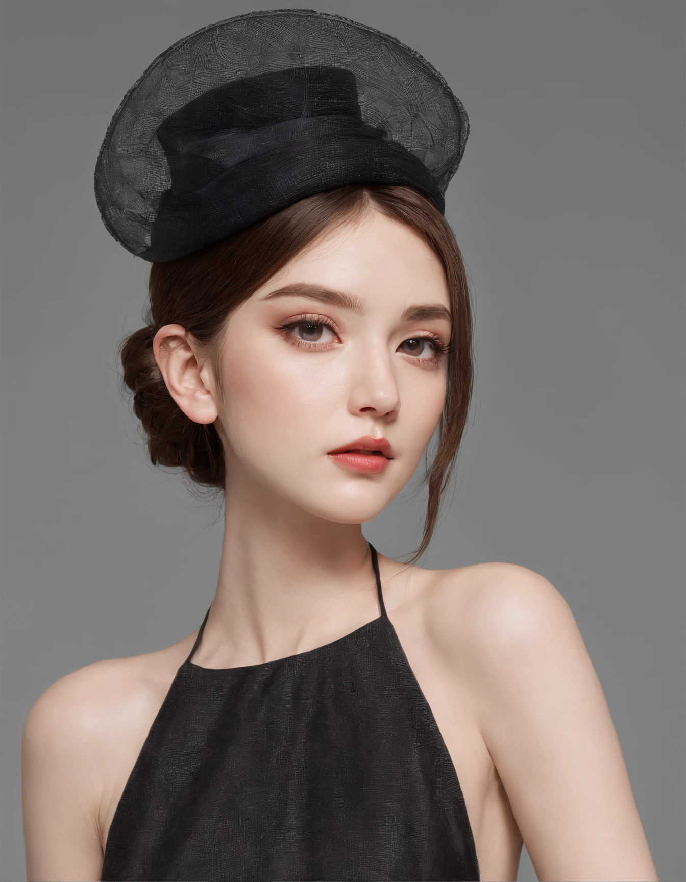 She wears a small cocktail hat on her head. She is very young, Elegant and beautiful 18 year old woman.
She wears slim, See-through, Off-the-shoulder, Black Halter Neck Dress.
Her hair is long and straight.Dynamic Posing、A detailed face、