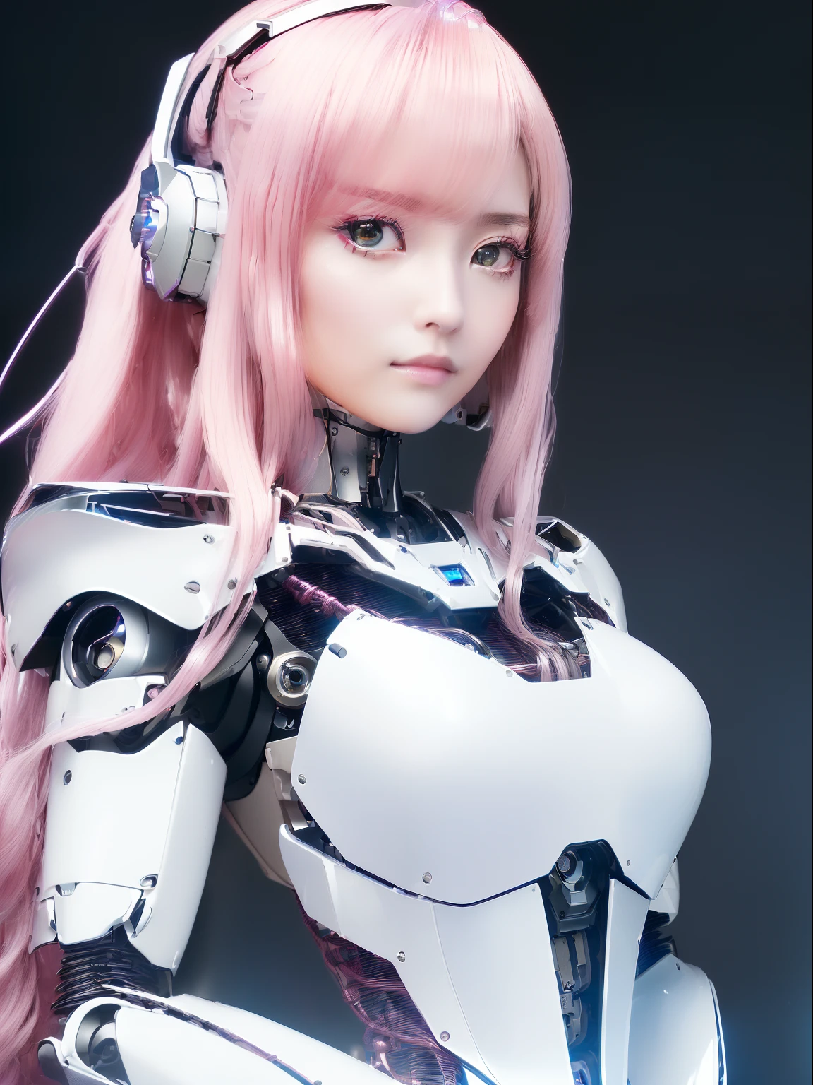 ((masutepiece)), ((top-quality), high quarity、ultra-definition, Realistic, fulcolor 、One beautiful robot woman、Joints of machines、Frame of the machine、Thick wire joints、White porcelain armor、(Curvaceous face)、deadpan、Pink Long Hair、Wide Shot、((Electronic substrate))