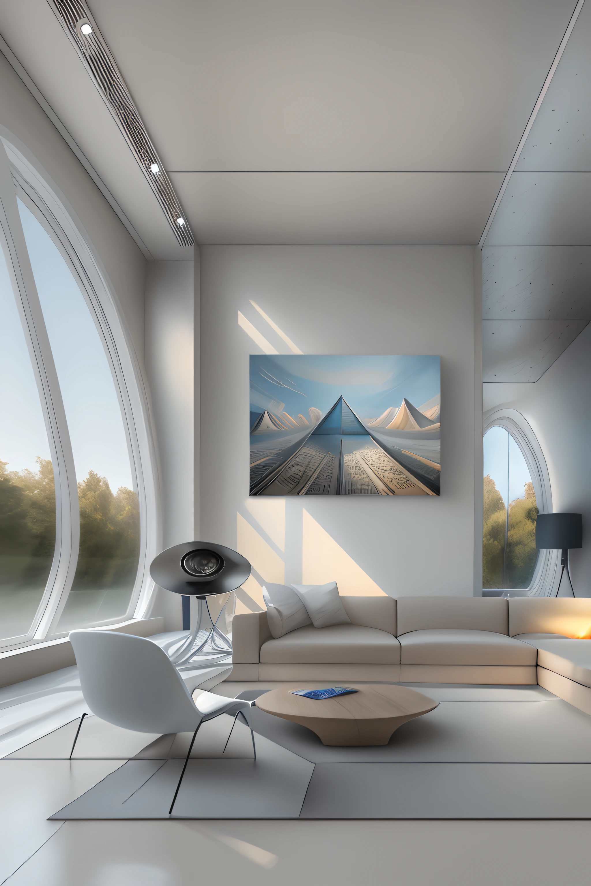 liveroom，There is a wall in the middle of the living room,The painting on the wall is in the middle, Paintings on the walls, skyscape, Large airy windows, Zaha Hadid and Santiago Calatrava landscape panoramic style, Fish, Clear light, Edge lighting, Perfect image, Building summary style, 16k UE5. superfine, 8K, hdr, Product photography, Depth of field, Nikon D850, Ultra-realistic, no contrast, clean sharp focus, professional, No blurring