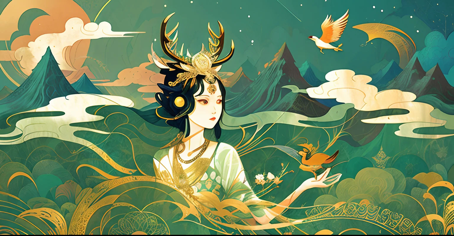 There is a painting of a deer and a bird flying over the mountain, an illustration of inspired by Victo Ngai, A beautiful artwork illustration, victo ngai style, victo ngai and surrealism, ( ( victo ngai ) ), victo ngai fine texture, botticelli and victo ngai, victo ngai and tristan eaton