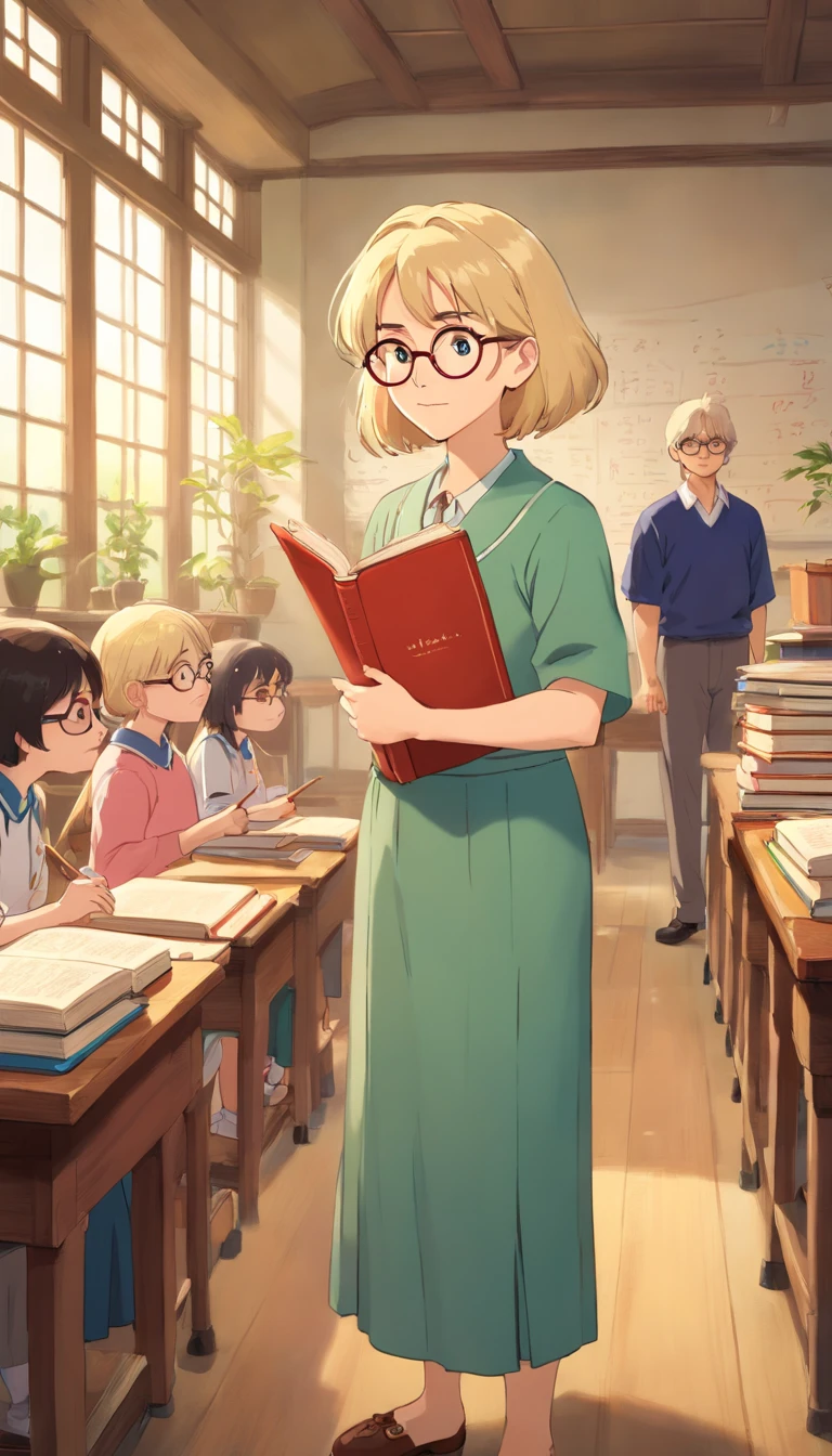 A biology teacher,blond hair,wearing teacher outfit,eye glasses,handling books with stick,not to old woman,looks like an Auntie,wearing eyeglasses,standing in front of the class.