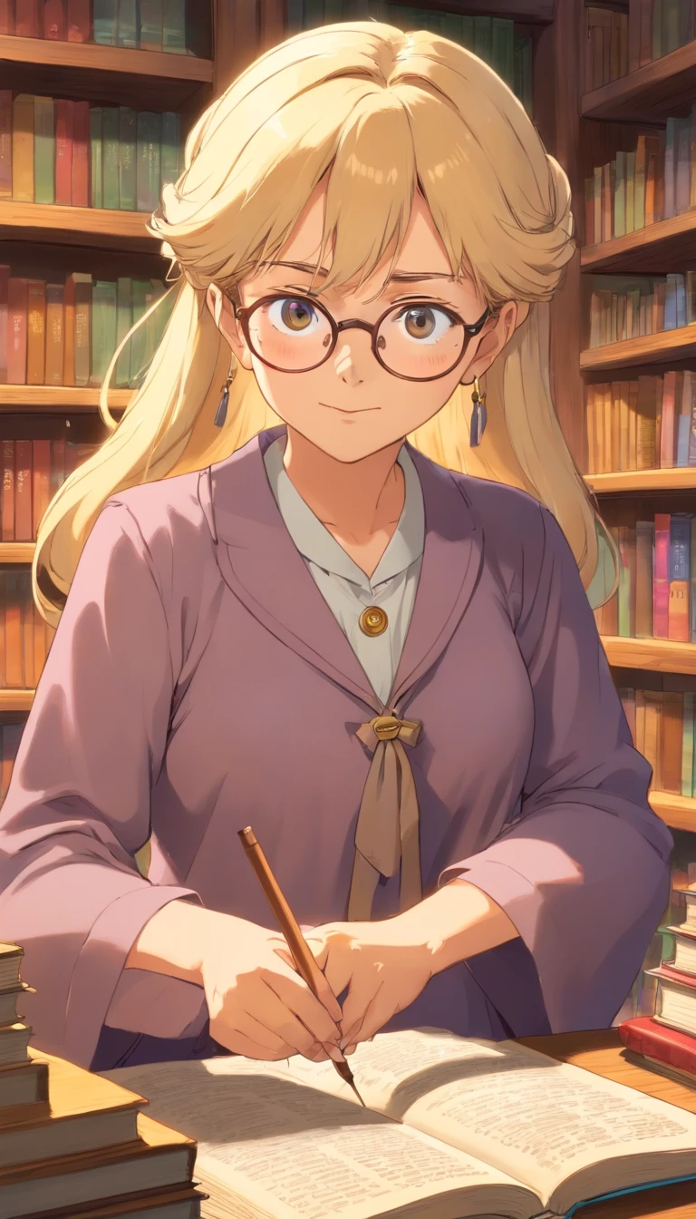 A biology teacher,blond hair,wearing teacher outfit,eye glasses,handling books with stick,not to old woman,looks like an Auntie,wearing eyeglasses,standing in front of the class.