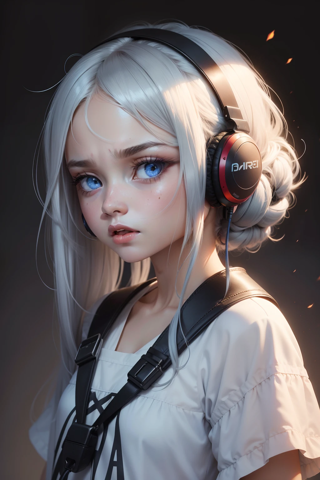 1girl, sozinho, Caudas duplas, Luvas, cabelos longos, olhos azuis, expression of anger, cabelo azul, diafragma, luvas de cotovelo, saia, cabelos muito longos, umbigo, headphones on head, topo de corte, auricular