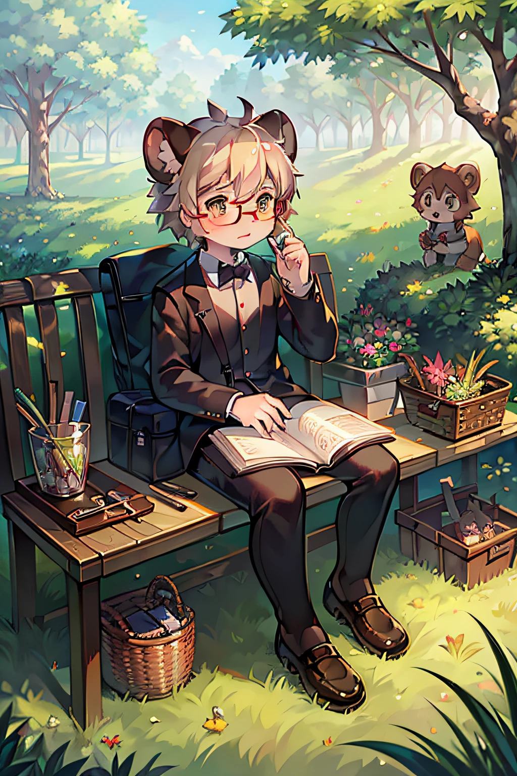 Tanuki，grassy fields，ln the forest，the trees，eye glass，backpacks，Sourcebook，magnifying glass，Observations，basket，pruning implements，Gardening tools，adolable，Shota