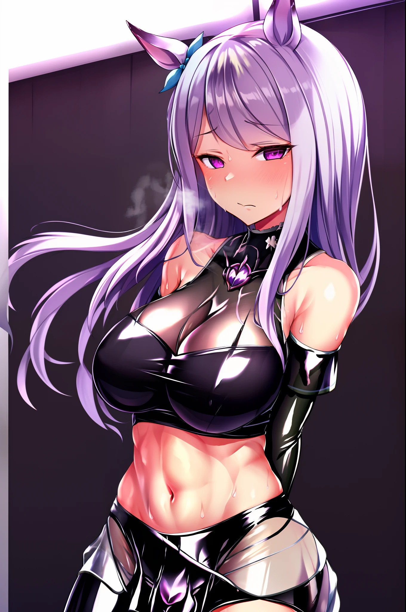 (masterpiece, best quality:1.2), 1girl, solo, Mejiro McQueen, Mejiro McQueen\(umamusume\), silver hair, long hair, horse ears, horse girl, long hair, glowing eyes, corruption, combatant, (crop top), (pelvic curtain), looking at viewer, shiny glossy skin, naughty face, sweat, closed mouth, heavy breathing, glowing eyes, see-through, (crowd), public, victory pose, v, (monster boy)
