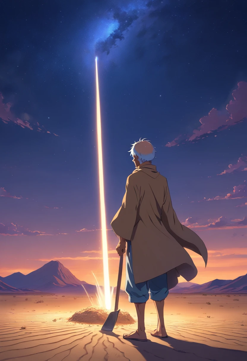 Old man in the desert standing in front of a hoe at night,Face