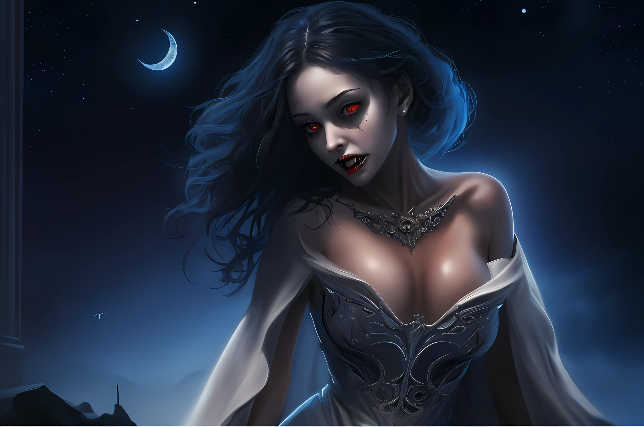 a picture of an exquisite beautiful female vampire standing under the starry night sky on the porch of her castle, dynamic angle (ultra detailed, Masterpiece, best quality), ultra detailed face (ultra detailed, Masterpiece, best quality), ultra feminine, dark skin, black  hair, wavy hair, dynamic eyes color, cold eyes, glowing eyes, intense eyes, dark red lips, (fangs:1.3), wearing white dress, elegant style dress (ultra detailed, Masterpiece, best quality), wearing blue cloak (ultra detailed, Masterpiece, best quality), long cloak, flowing cloak (ultra detailed, Masterpiece, best quality), wearing high heeled boots, sky full of stars background, moon, bats flying about, high details, best quality, 8k, [ultra detailed], masterpiece, best quality, (ultra detailed), full body, ultra wide shot, photorealism, dark fantasy art, dark fantasy art, gothic art, many stars, dark fantasy art, gothic art, sense of dread,