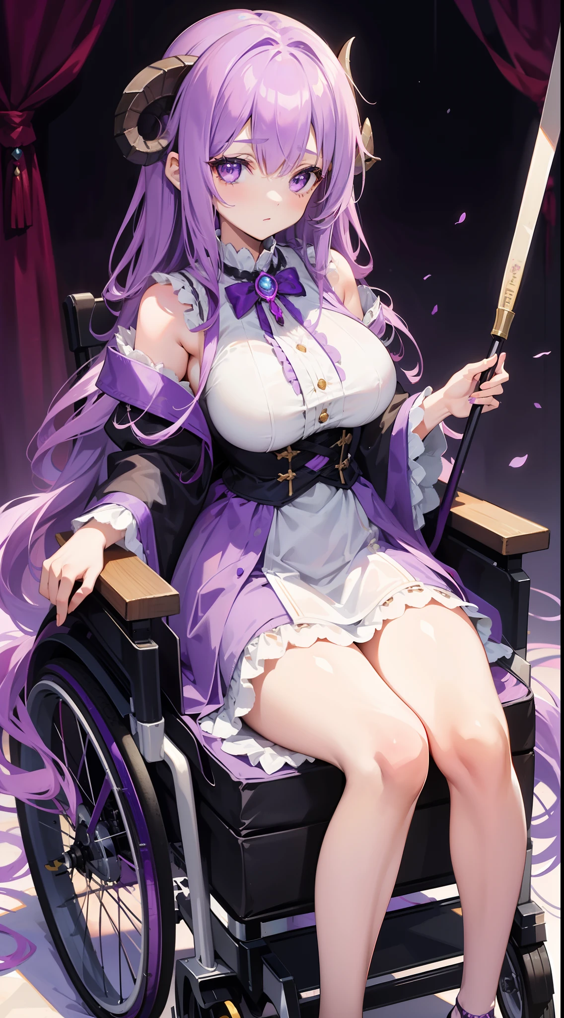 young girl, long curly lilac hair, violet eyes, Sheep horns, princess dress, open breasts, large breasts, sitting in a wheelchair, Masterpiece, hiquality, higly detailed, HD, 4k