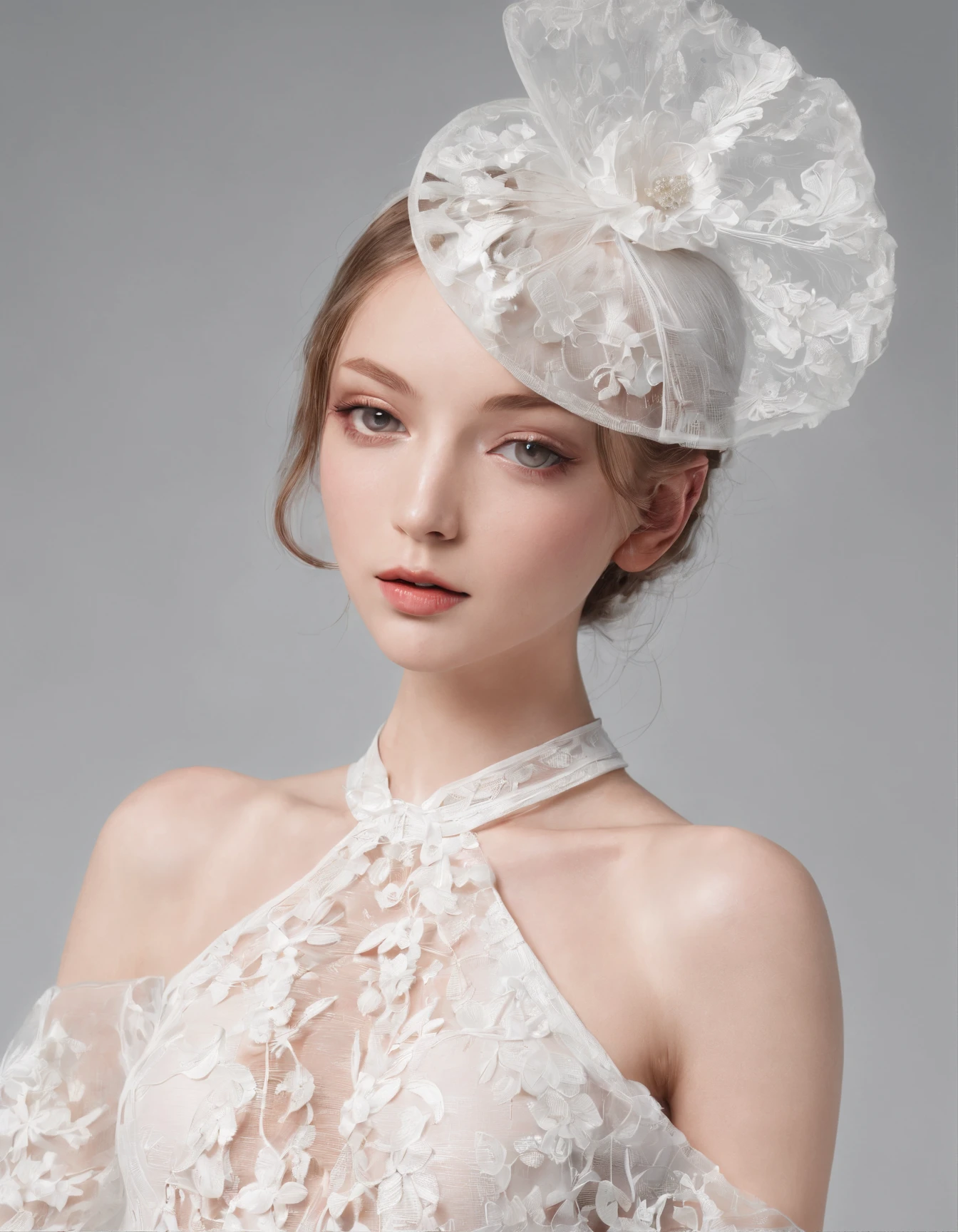 She wears a small cocktail hat on her head. She is very young, Elegant and beautiful 18 year old woman.
She wears slim, See-through, Off-the-shoulder, White and floral see-through halter neck dress.Transparent fabric、Thin fabric、
her hair is long and straight.Dynamic Posing、A detailed face、