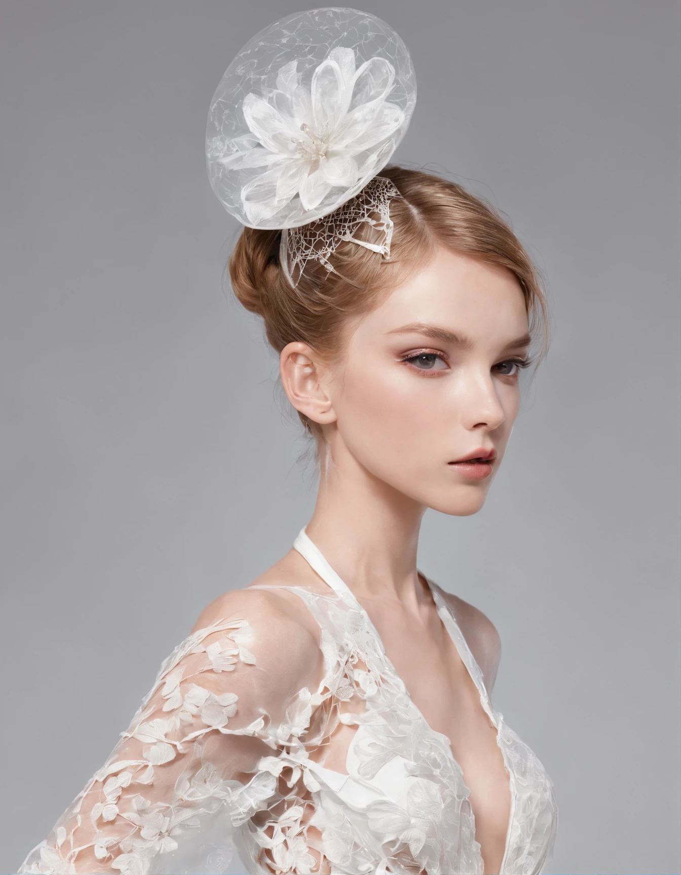 She wears a small cocktail hat on her head. She is very young, Elegant and beautiful 18 year old woman.
She wears slim, See-through, Off-the-shoulder, White and floral see-through halter neck dress.Transparent fabric、Thin fabric、
her hair is long and straight.Dynamic Posing、A detailed face、