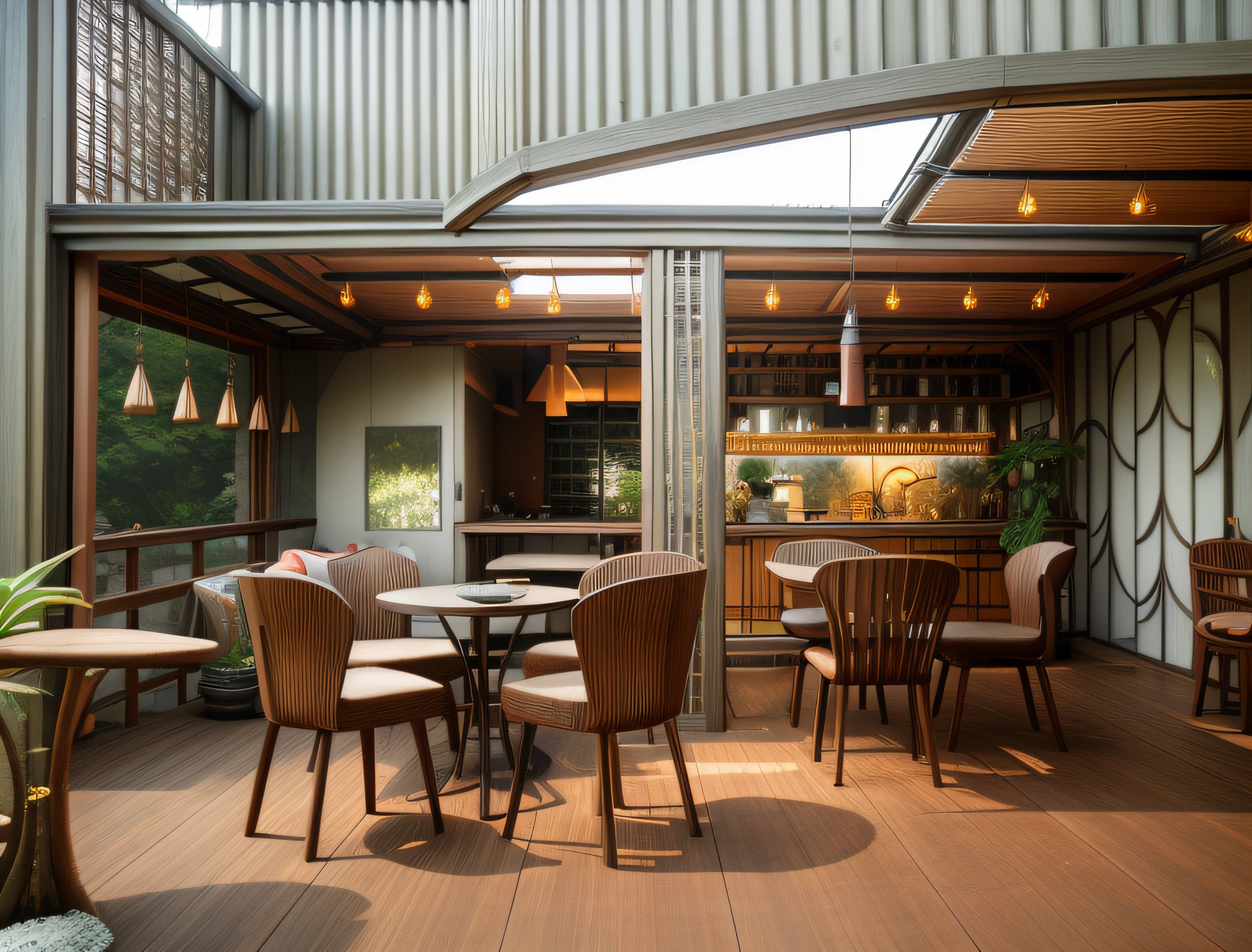 exterior design、Crazy detailed wide-angle building photos、cozy contemporary living room、(Bright warm sunshine 1:0.1)、award-winning contemporary interior design、Landscapes、DL、a chair、in a house、wooden floor、window、dining room、east asian east asian architecture、Sliding paper doors、lamp lights、buliding、the woods、naturey、Cups、A plant、exterior design、Insert lights and shadows、depth of fields、low illuminance