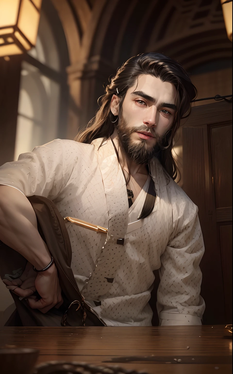 Long dark hair and beard smoking grin