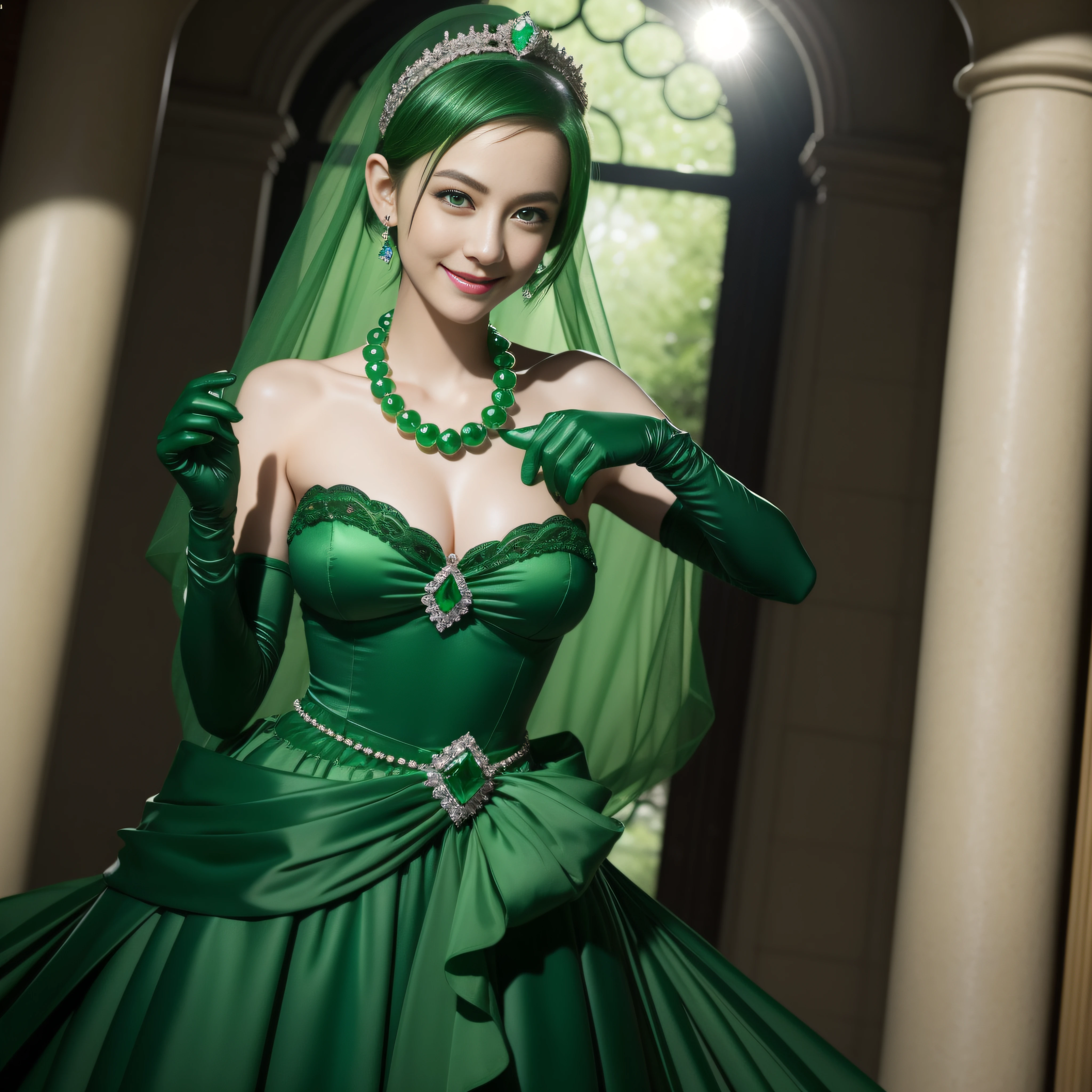 emerald tiara, Green Pearl Necklace, Boyish very short green hair, lipsticks, Japan woman smiling, very short short hair, big breasts beautiful, Green eyes, Long green gloves made of satin material, Green eyes