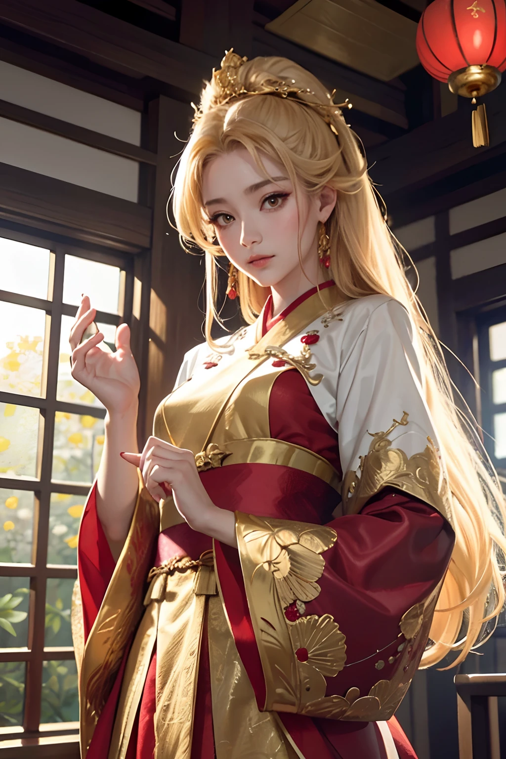 top-quality、masterpiece、hight resolution、(exquisite body:1.5)、gorgeous faces、(milky skin:1.3)、intricate detailes、hight resolution、wall-paper、
1girl, 独奏, doress, hair adornments, (((gold and red dresses)))), florals, length hair, Golden hair, a closed mouth, jewely, long-sleeve, Raise your hands, Wide sleeves, big eye,Floating hair, Hanfu, Han Feng, embroideries, long skirt, Natural pose, Falling petals, inside the house,demagoguery, paper lanterns,
16K、HDR、Hi-Res、Depth Field、(film grains:1.1)、Boken、the golden hour、(lensflare)、vignettes、rainbow、(colour grading:1.5)