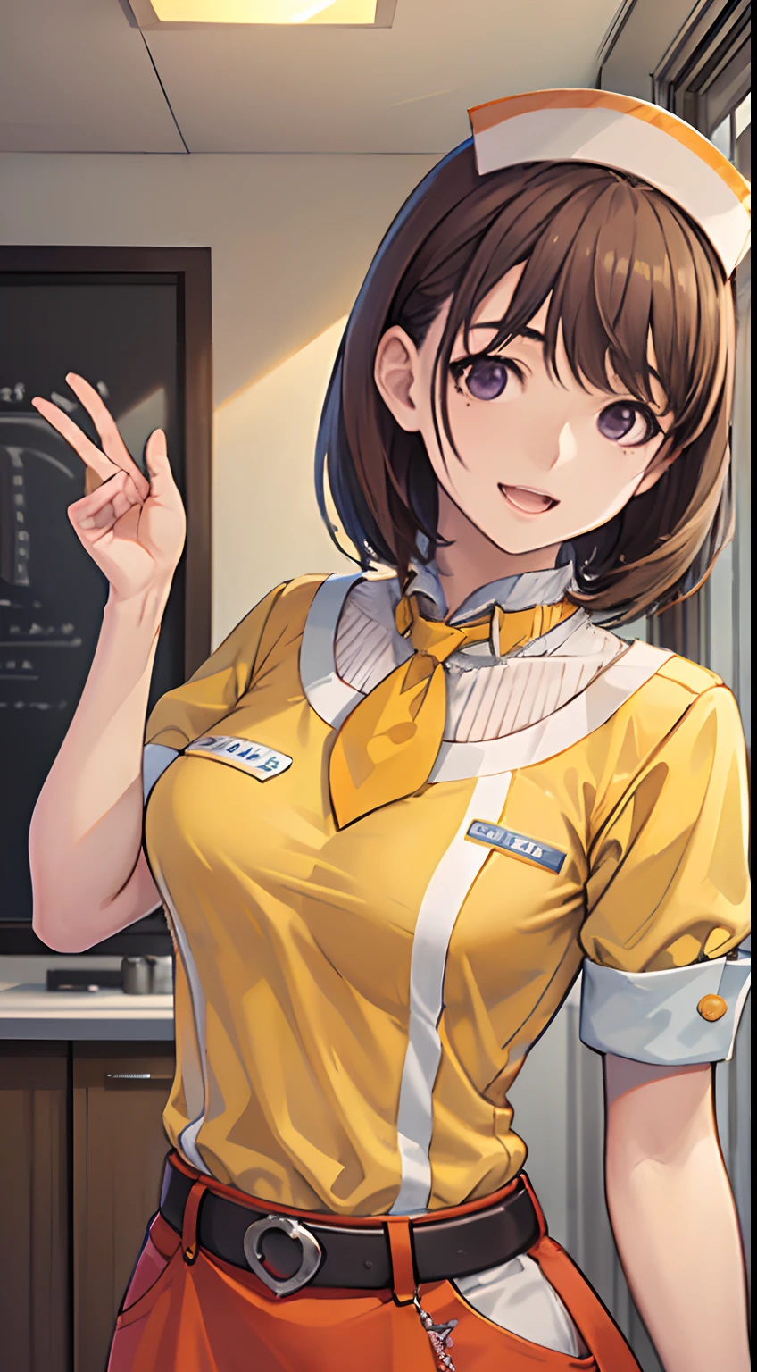 Big anime girl posing in front of window、(((Waitress uniform:1.2)))、((Yellow Uniform)), ((Yellow sleeves)), ((Yellow skirt)), ((orange necktie)), ((White Apron)), (((The best smile with a little open mouth)))、((Focus on the upper body))、((Focus on people))、((Purple eyes)), ((Brown hair))、((View diagonally from the right))、((Wave your right hand))、((Holding the tray in your left hand)), Seductive Anime Girl、best anime 4k konachan wallpaper、charming anime girls、4k anime wallpaper、Detailed Digital Anime Art、Anime Best Girl、Beautiful anime girl、Detailed anime artwork、beautiful alluring anime woman