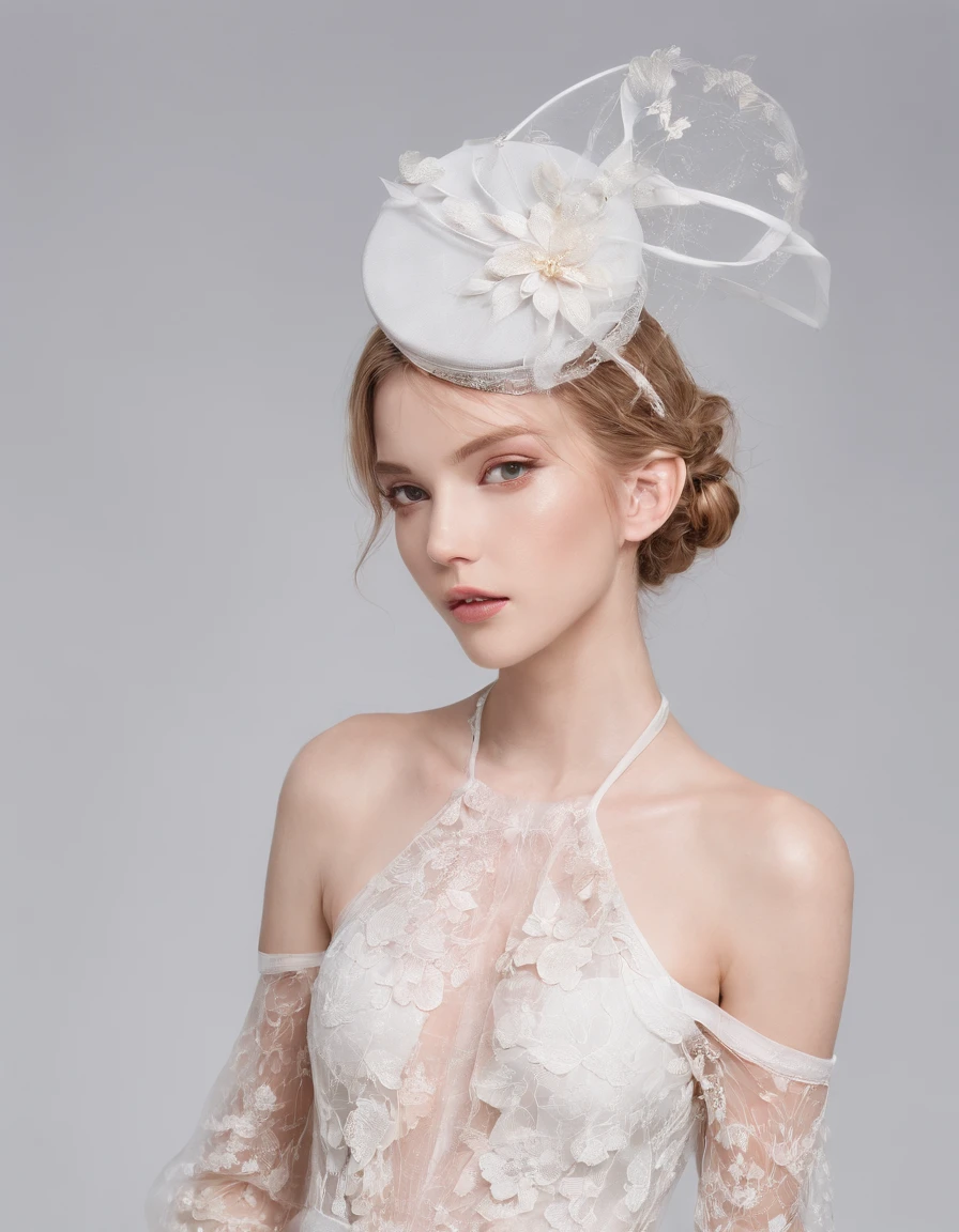 She wears a small cocktail hat on her head. She is very young, Elegant and beautiful 18 year old woman.
She wears slim, See-through, Off-the-shoulder, White and floral see-through halter neck dress.Transparent fabric、Thin fabric、
her hair is long and straight.Dynamic Posing、A detailed face、