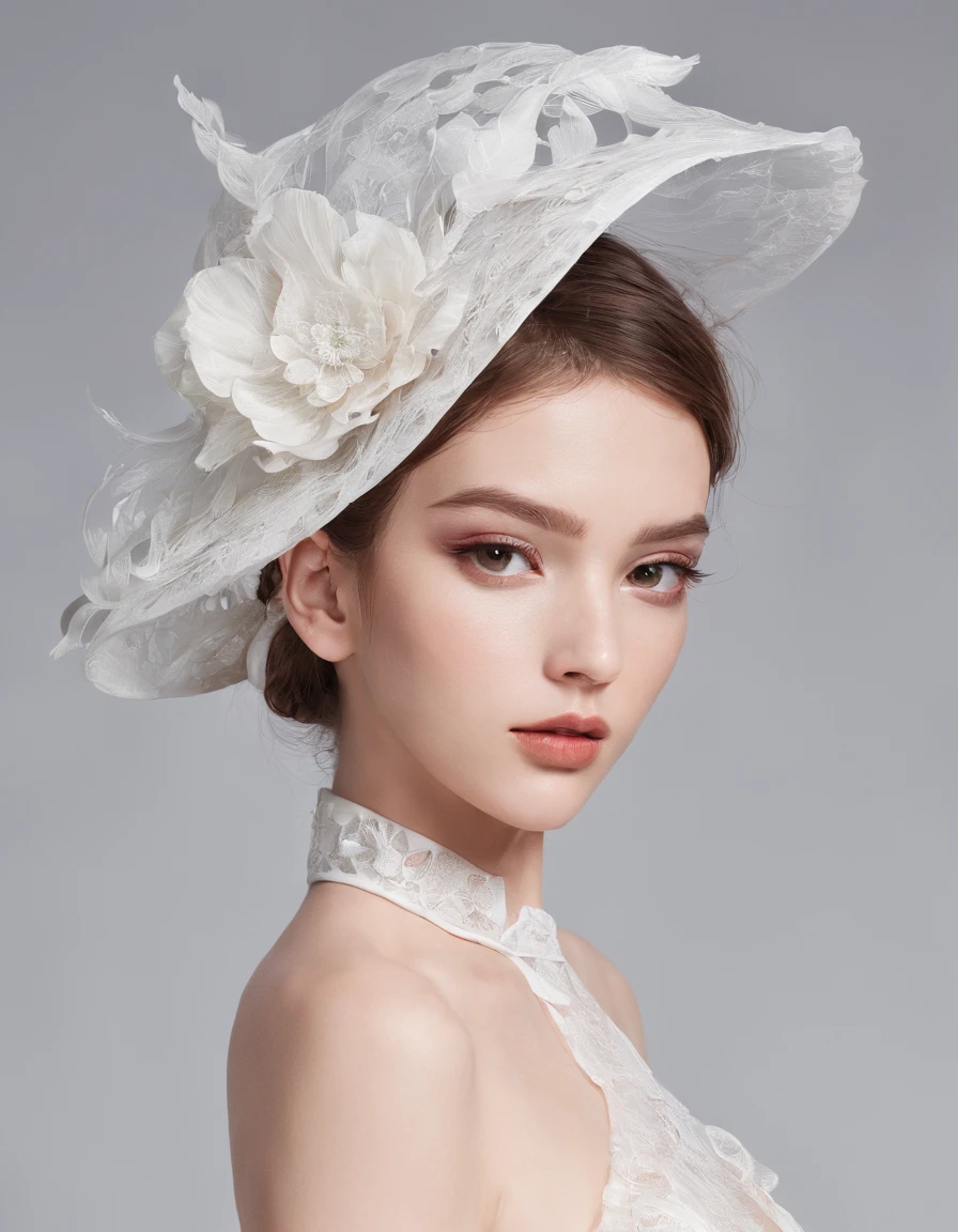 She wears a small cocktail hat on her head. She is very young, Elegant and beautiful 18 year old woman.
She wears slim, See-through, Off-the-shoulder, White and floral see-through halter neck dress.Transparent fabric、Thin fabric、
her hair is long and straight.Dynamic Posing、A detailed face、