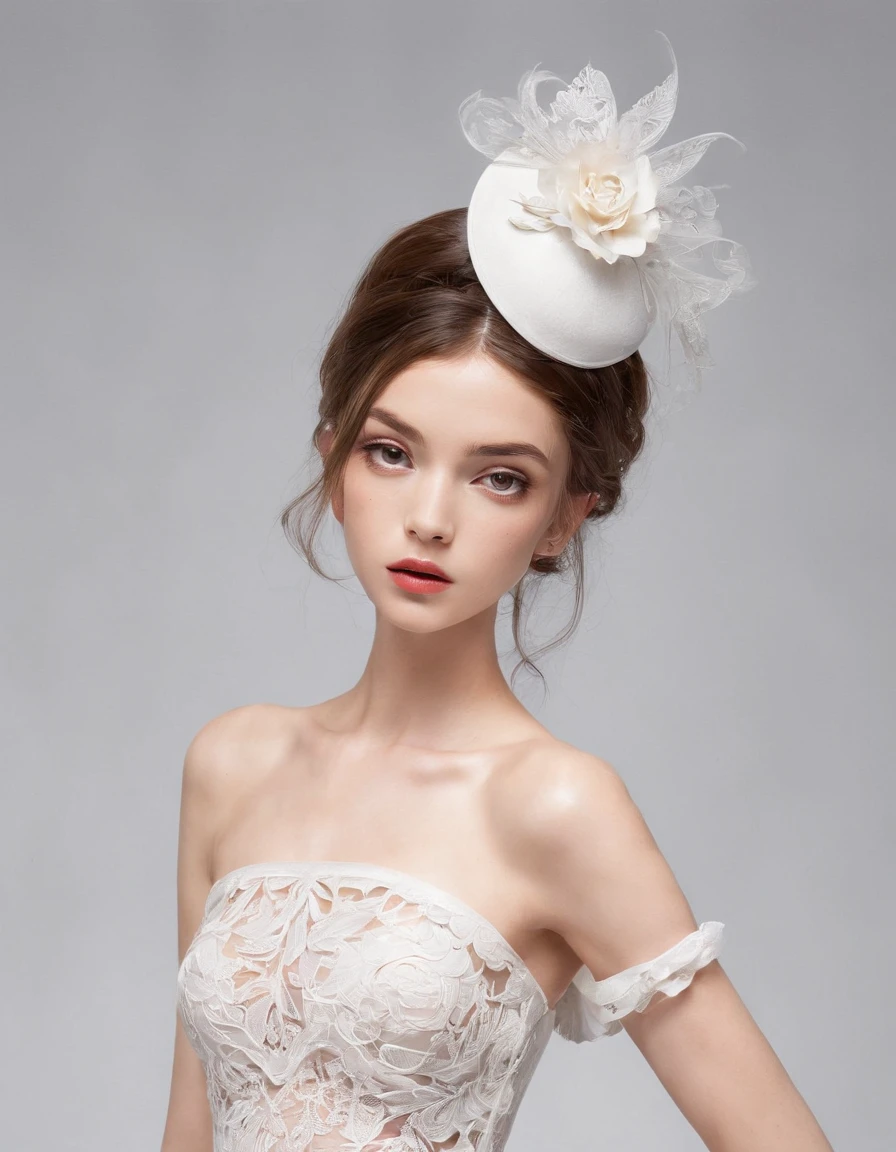 She wears a small cocktail hat on her head. She is very young, Elegant and beautiful 18 year old woman.
She wears slim, See-through, Off-the-shoulder, White and floral see-through halter neck dress.Transparent fabric、Thin fabric、
her hair is long and straight.Dynamic Posing、A detailed face、