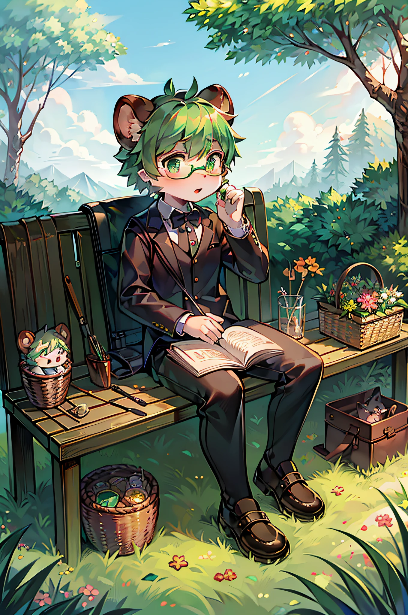 Tanuki,grassy fields,ln the forest,the trees,eye glass,backpacks,Sourcebook,magnifying glass,Observations,basket,pruning implements,Gardening tools,adolable,Shota,Deep eyes,Emerald green pupils