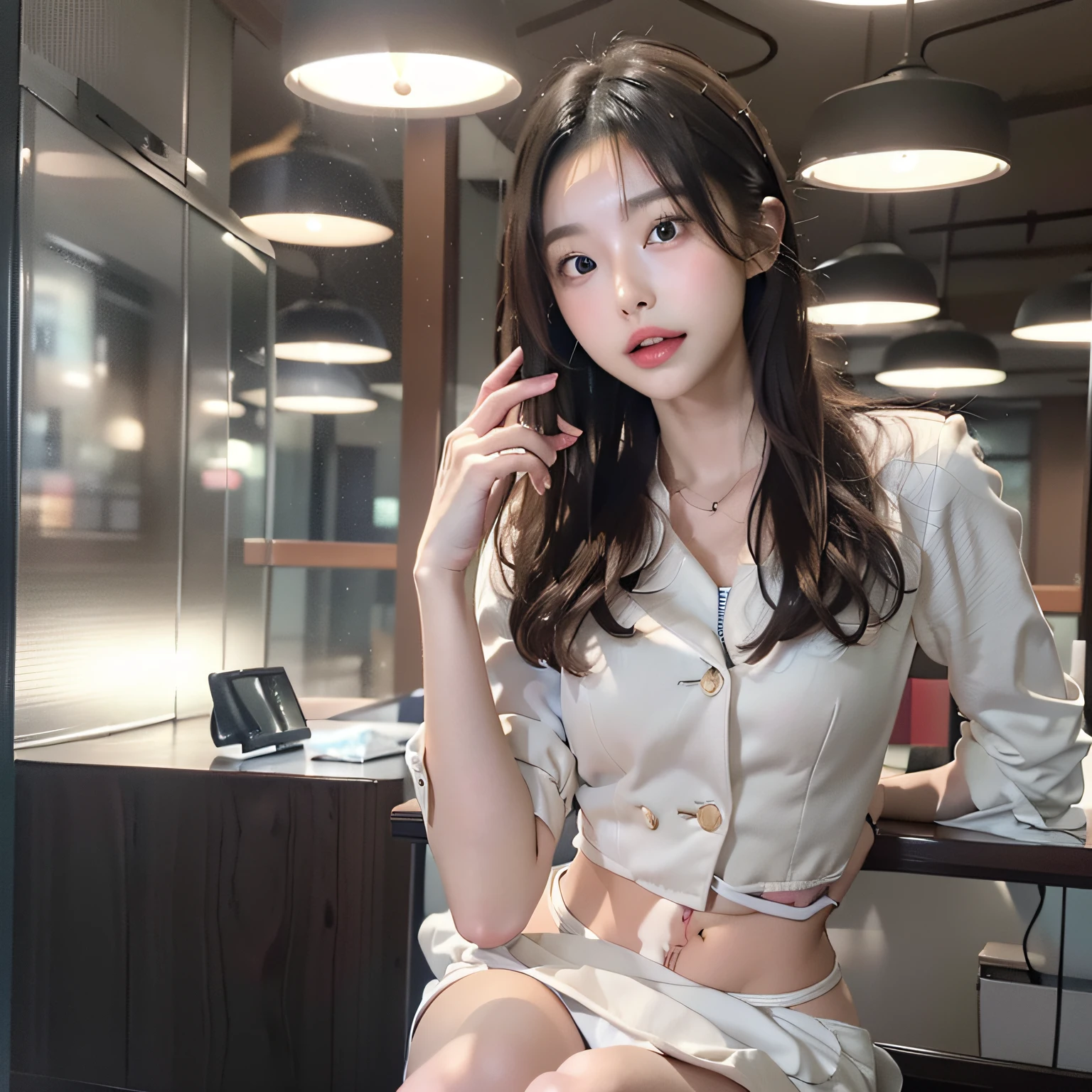 (((1girl in、23years old、Height 1.7 m、delicated face、Detailed face、Beautiful Japan model、Slender body:1.2、(((round and short face、a small face)))、Hazel's Realistic Eyes、drooing eyes:1.2 , Real and sexy thick lips:1.3、real looking skin、Perfect Style、((Smaller chest:1.2))、thin waist:1.2、Small butt:1.4、Thin leg:1.2、long legged:1.1)))、Beautiful bronze colored hair with long hair、bangss、Eyebrows of the same color as the hair、Gorgeous Long Hair Smile、cheeks are flushed:1.5、Looking at Viewer, (of the highest quality、in 8K、Photorealsitic:1.4、Raw photography、超A high resolution:1.4、Top image quality: 1.4、absurderes, master piece, Ultra-detailed、A hyper-realistic)、An ultra - realstic face、high detailing、the golden ratio、Cinematic、foco nítido、(Holding glasses in right hand、Place the temple tip on the right edge of the mouth)、Sexy office suit, ((White tailored jacket))、Cream Bare Top Pencil_Dress、White enamel high heels、Sitting at an office table looking at a document、Officelady、Sexy, Female, Clothing