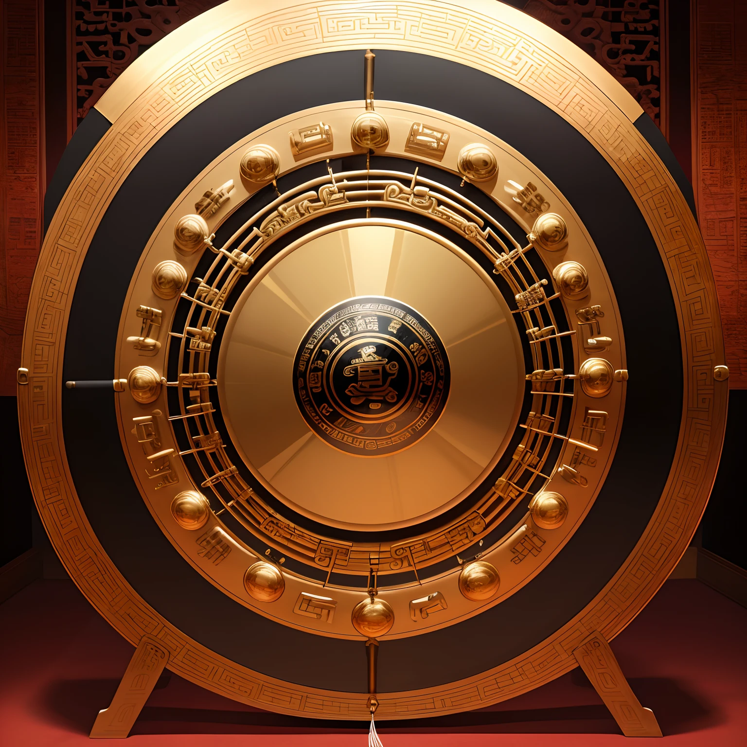 super high image, super detail, super high resolution, musical instrument, Chinese giant gong, brilliant, mirror finish, shining brightly, professional lighting