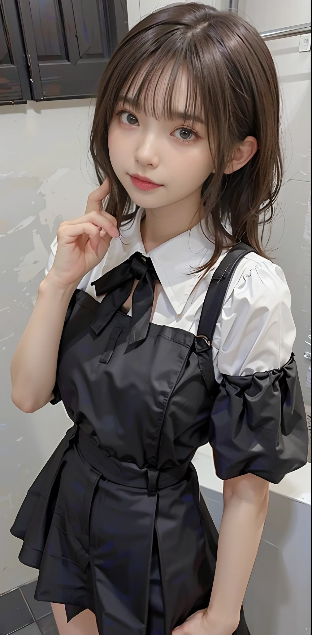 masuter piece、A detailed、Delicate、Girls of the near future、Luxurious room、Black skirt, 　suspenders, brown haired、grey  eyes, ｻｲﾌｧｲﾌﾞｰﾂ、 Tight black clothes, small tits、white frilly blouse、holster、chain、poneyTail、Thin leg、A slender、Cute、A sexy、View the viewer from above、hair adornments