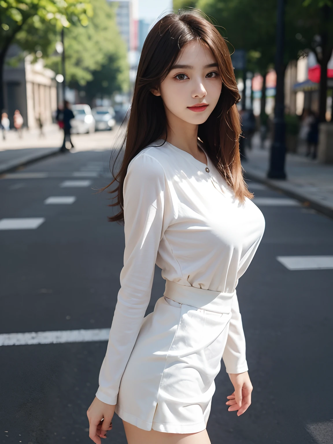 best qualtiy,tmasterpiece,超高分辨率,(真实感:1.4),RAW photogr,1girll,long whitr hair,Face Highlighting,Pure,Girly,Flushing,18yr old,18-year-old smiling female classmate,Pure,Innocent,(best qualtiy,8K,tmasterpiece:1.3),Goose egg face,largeeyes,long eyelasher,Exquisite(live-action realistic style),Star-like eyes,Ultimate face,Photorealistic light and shadow,Clear facial features,Milky white skin,Fair skin, highdetailskin, Realistic skin details, Visible Pore,(Super detail),(perfect bodies:1.1),long whitr hair,(dynamicposes),((Dynamic background((volumettic light:1.3)),black short skirt,huge tit,White color blouse,Street photography,Side Body,Turn Back,Face the lens