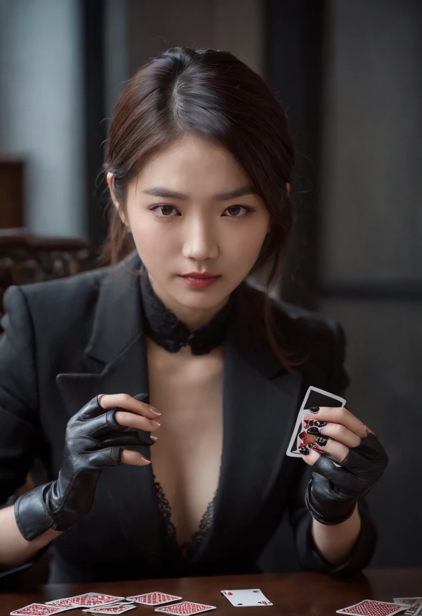 A young Japanese woman with a black suit up to a shirt and playing cards with black leather gloves on both hands