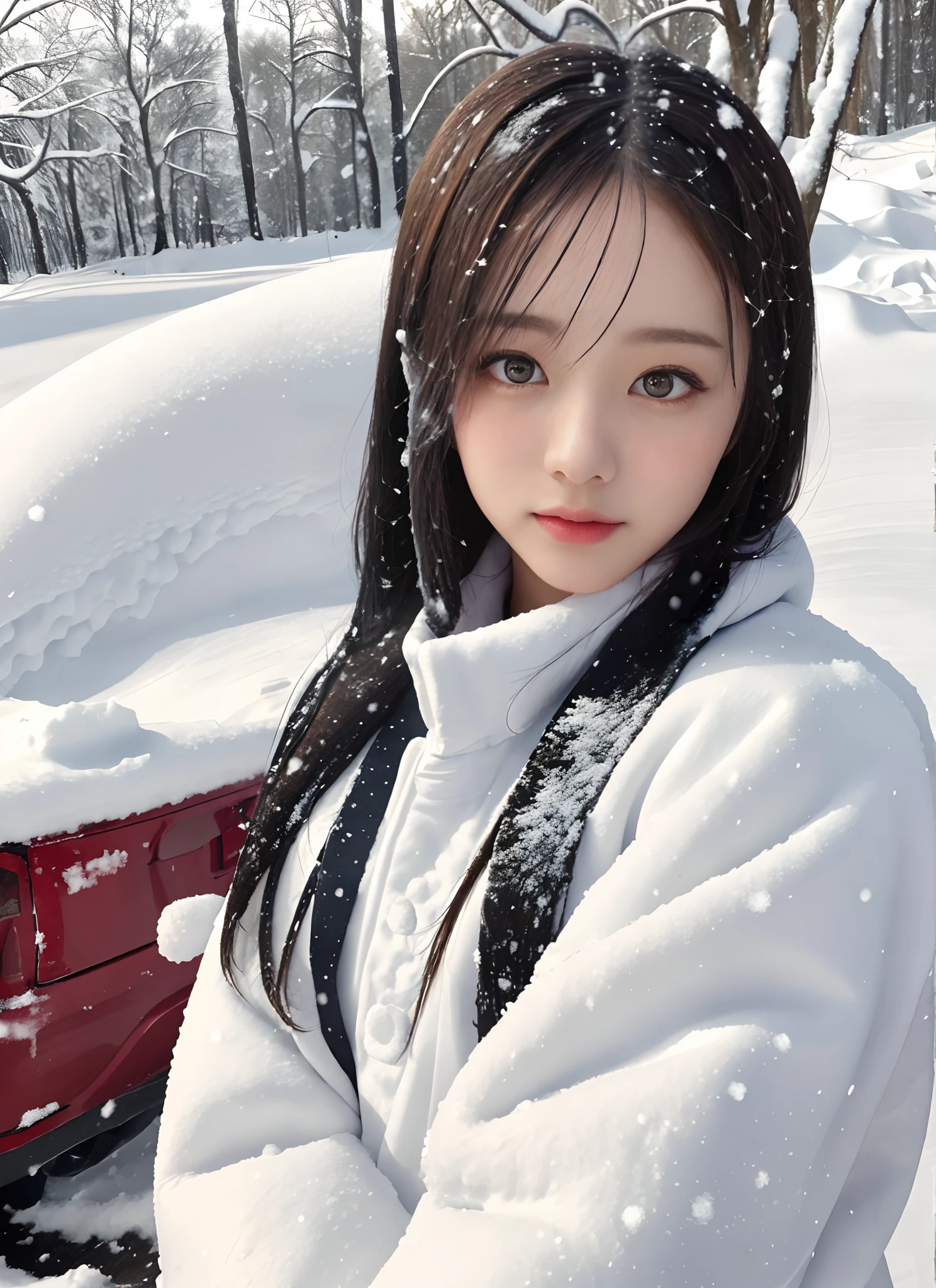 mackerel, Photo of a woman standing outside, Winters, (Snow:1.2), White shirt, (Detailed face), soft smiling, Detailed iris, Detailed eyes, Full body,
Film grain, Natural Skin Texture,