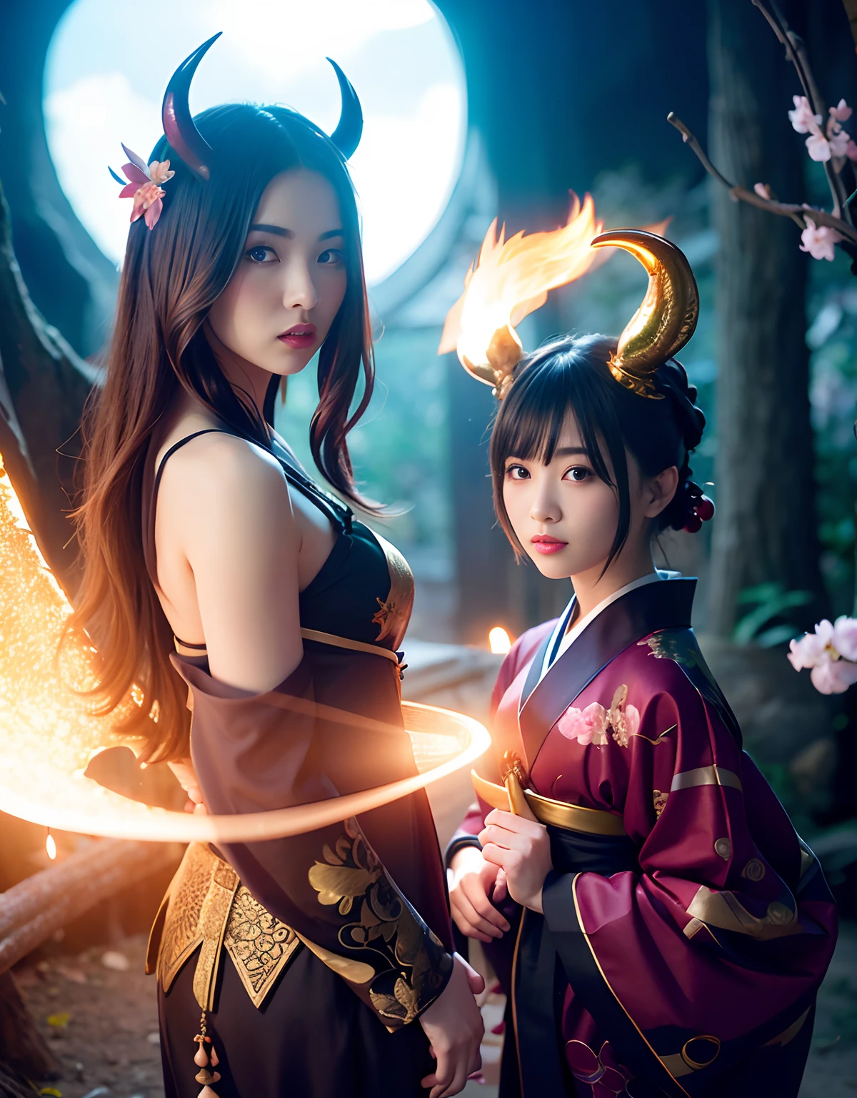 Professional , ​masterpiece、top-quality、photos realistic , depth of fields 、Dark Fantasy、（fullmoon：1.9）、（shooting stars：0.9）、（nebulas：1.3）、A dark-haired、（White bikini armor)、（Mystical expression）、（The fox has five tails）（（Fight dragons））,(Wear a beautiful kimono),（Wear a beautiful kimono with colorful floral patterns）、Jewel Gold Weapon、Particles of light),（Has a devil's mask）、Gorgeous gold weapons ,（（ Gorgeous Dragon Sword）） , （Fox Mask）,,（maikurobikini） 、（（Black Haired Beautiful Girl））、（Castle background）、（demonic wings）、（（Gangle's forest background））、Beautiful Caucasian beauty、１a person、dynamic ungle,(((Two devil's horns on the head)))、Smaller head、Idle Smile、Thin and beautiful female hands、Mystical expression、Light Effects、intense fighting、Wind-effect、magic circles、With the legendary magic wand、Dragon's tail、