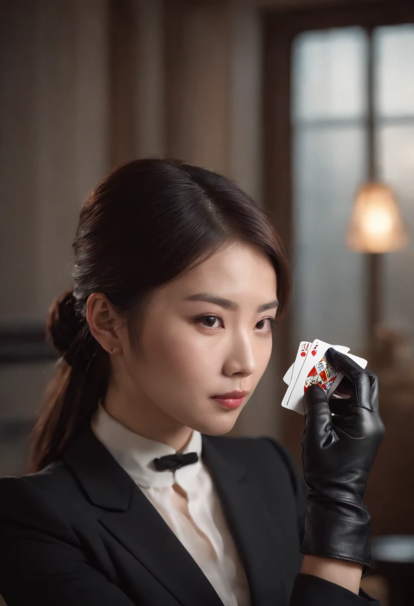 A young Japanese woman with a black suit up to a shirt and playing cards with black leather gloves on both hands