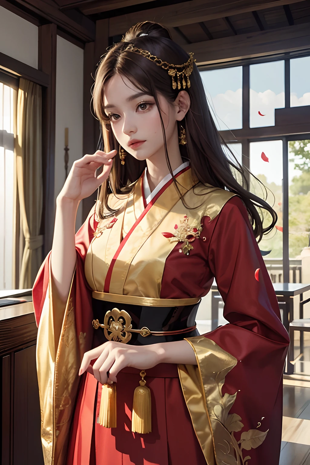 top-quality、masterpiece、hight resolution、(exquisite body:1.5)、gorgeous faces、(milky skin:1.3)、intricate detailes、hight resolution、wall-paper、
1girl, 独奏, doress, hair adornments, (((gold and red dresses)))), florals, Medium hair, brown haired, a closed mouth, jewely, long-sleeve, Raise your hands, Wide sleeves, big eye,Floating hair, Hanfu, Han Feng, embroideries, long skirt, Natural pose, Falling petals, inside the house,demagoguery, paper lanterns,
16K、HDR、Hi-Res、Depth Field、(film grains:1.1)、Boken、the golden hour、(lensflare)、vignettes、rainbow、(colour grading:1.5)