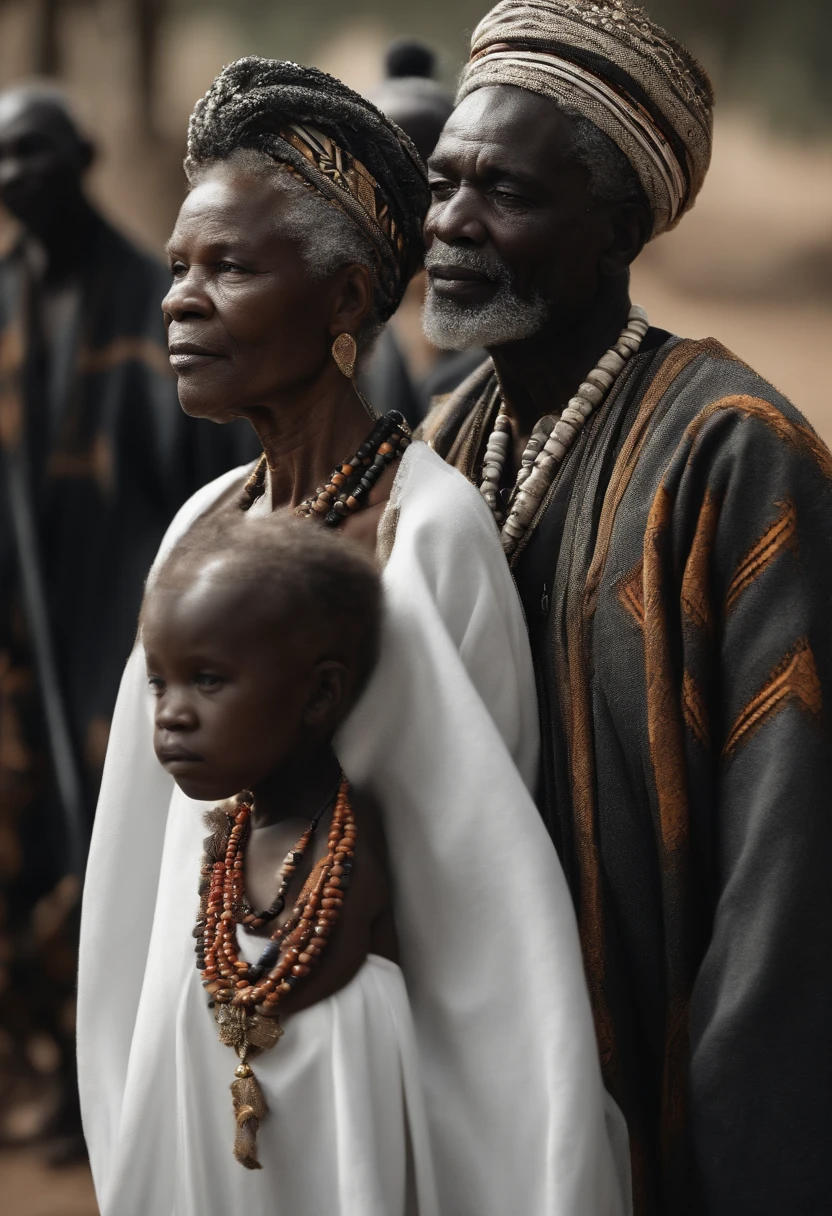 Black man with curly gray hair, dressed in African clothes, en blanc, noir et rouge, elderly, Reunited with his family under a tree. tout noir (((((shapes with perfect details))))) enfants assis par terre