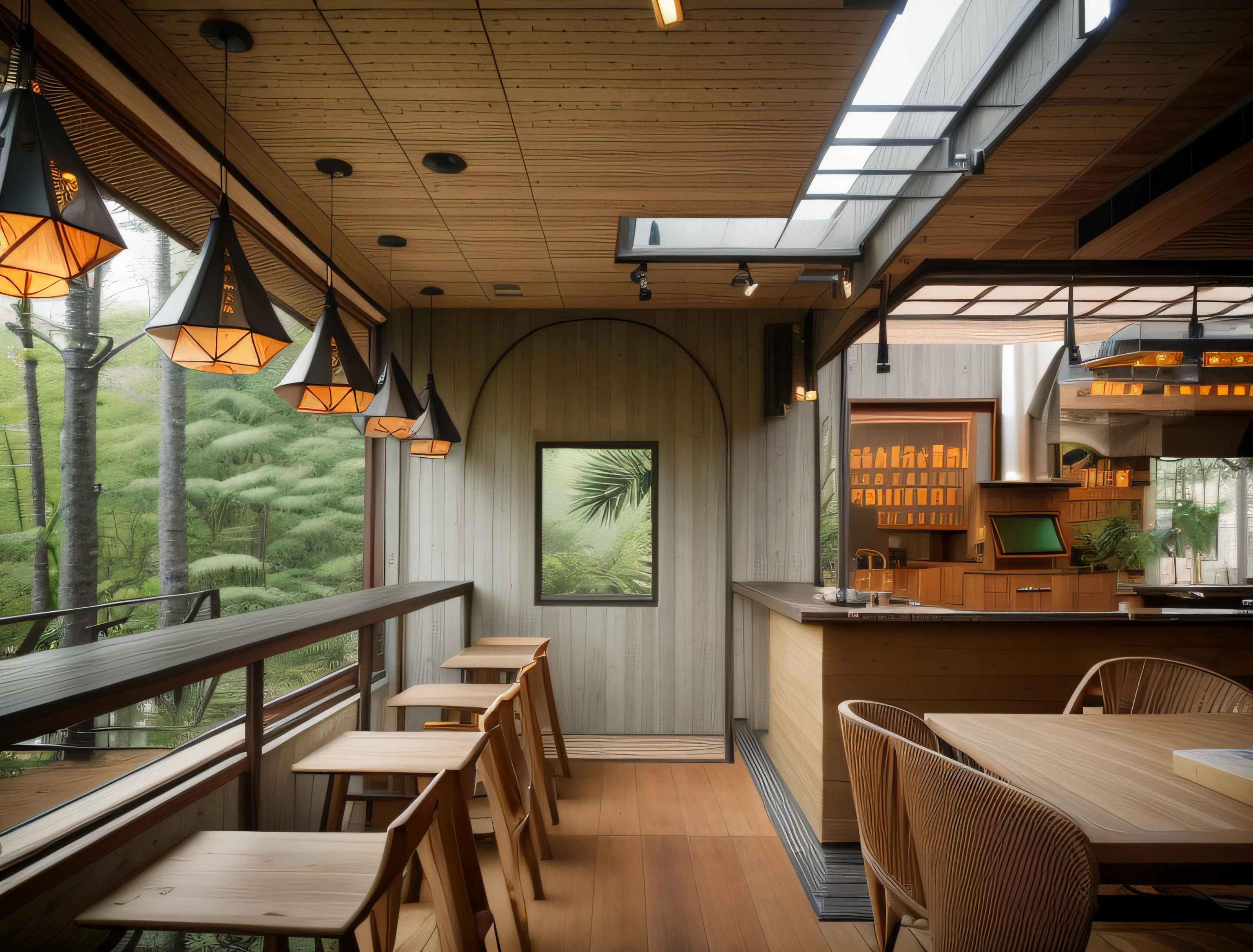 exterior design、Crazy detailed wide-angle building photos、cozy contemporary living room、(Bright warm sunshine 1:0.1)、award-winning contemporary interior design、Landscapes、DL、a chair、in a house、wooden floor、window、dining room、east asian east asian architecture、Sliding paper doors、lamp lights、buliding、the woods、naturey、Cups、A plant、exterior design、Insert lights and shadows、depth of fields、low illuminance