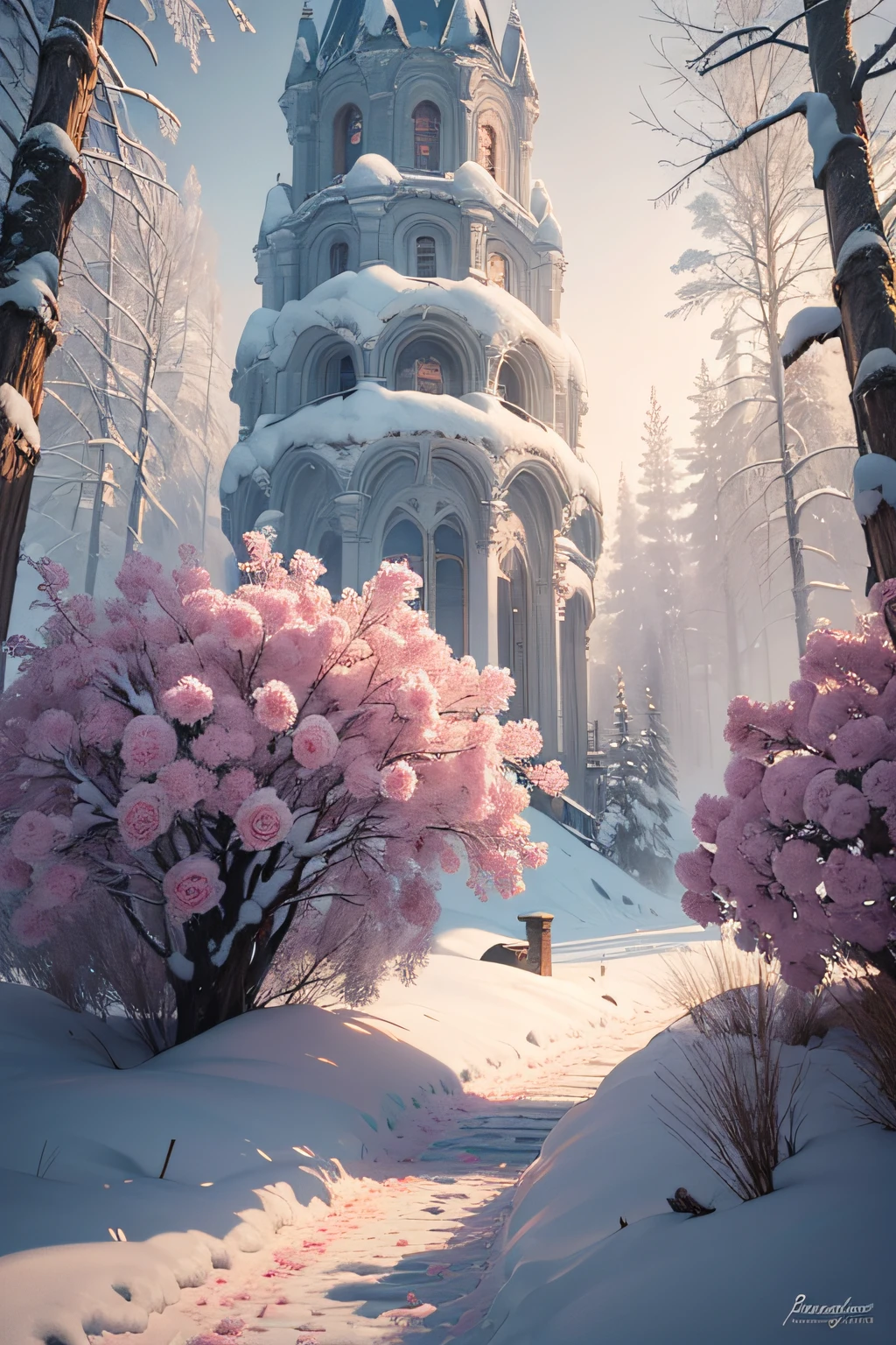 There are pink roses in the snow on the trees, Igor Grappa(Igor Grabar)of realistic paintings, trending on artstationh, romanticism lain, roses in cinematic light, rosette, Incredibly beautiful, Rose, Incredibly realistic, alexey egorov, Ross Tran 8 K, marc adamus, Beautiful nature, pastel roses, 8K)), Beautiful flowers