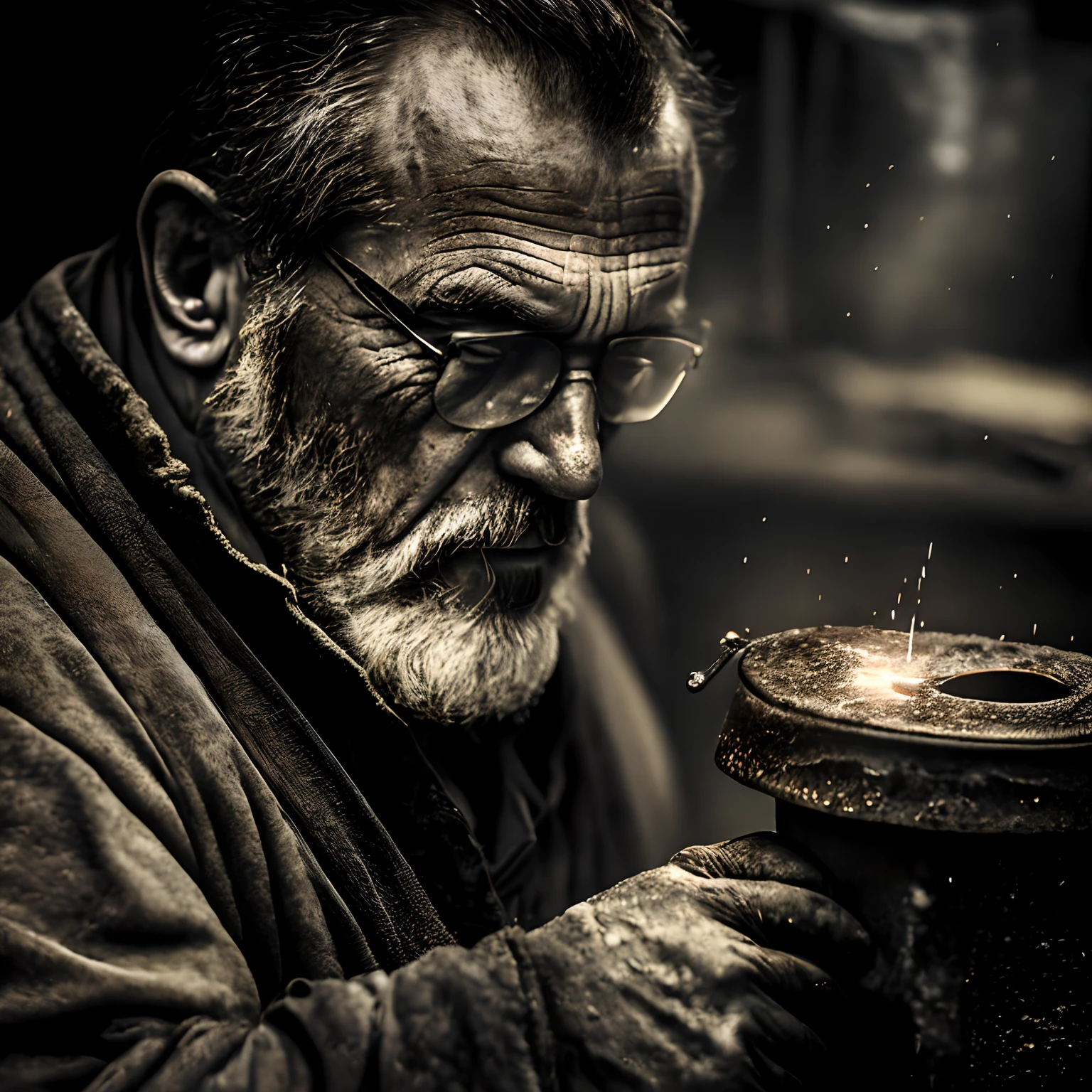 Macro clarity quality, Wet plate photo close-up craftsman making cold weapon with hammer, Rough skin, Focused eyes, Spark, 40 years, Heavy fog, soot, illusory engine, UE5, film, Very detailed, Sony A7III, 85mm focal length, f/1.8, Sintan Island rendering + Ultra photo realsisim, photore