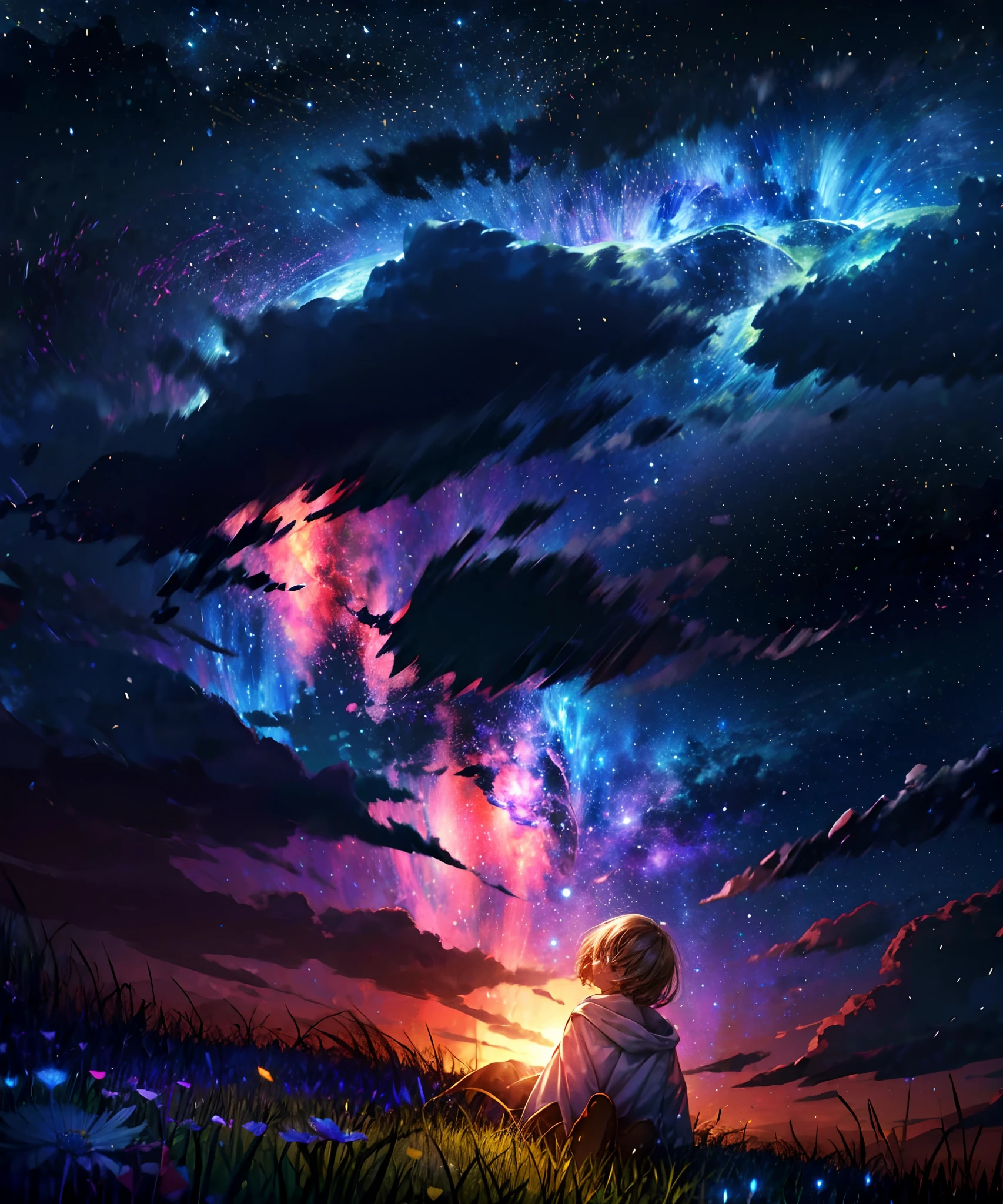 Describe a scene where a cute girl character is lying on a grassy hill, Looking up at the starry sky. Surround her with colorful nebulae and her favorite constellations.