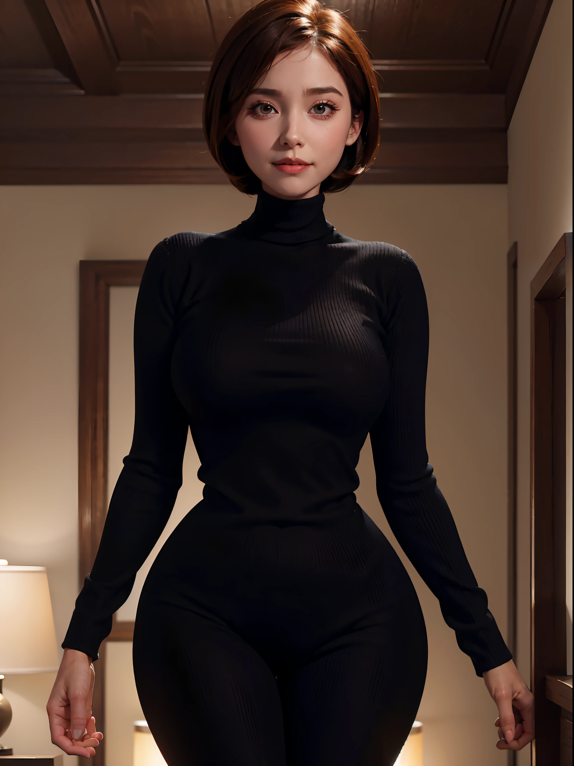 helen parr, masterpiece, best quality, solo, brown hair, brown eyes, turtleneck, sweater, short hair, turtleneck sweater, ((seductive, shy)) smile, black sweater, 1girl, indoors, black sweater, thick thighs, wide hips