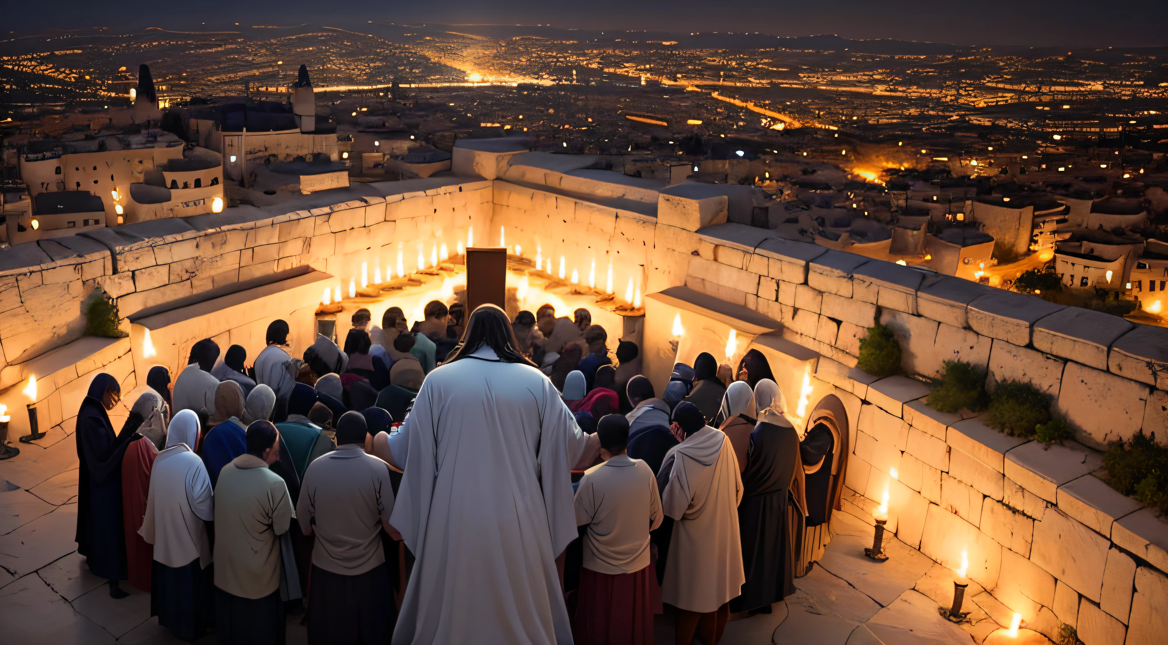 Describe an image of Jerusalem at dusk with Jesus Christ surrounded by people praying with a semblance of peace and serenity evoking love, respect and compassion for God