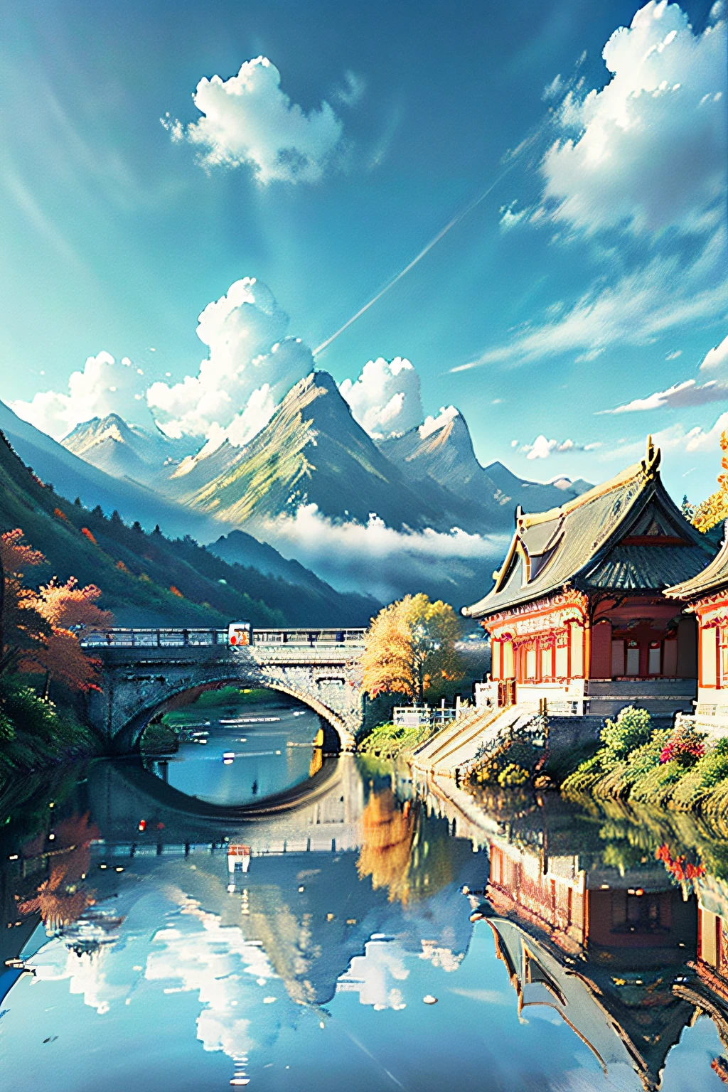 Chinese architecture, mountains, rivers, reflections, red walls, autumn, maple leaves, blue sky, white clouds, auspicious clouds, peonies, blurry foreground, perspective, lens flare, high details, high quality, masterpiece