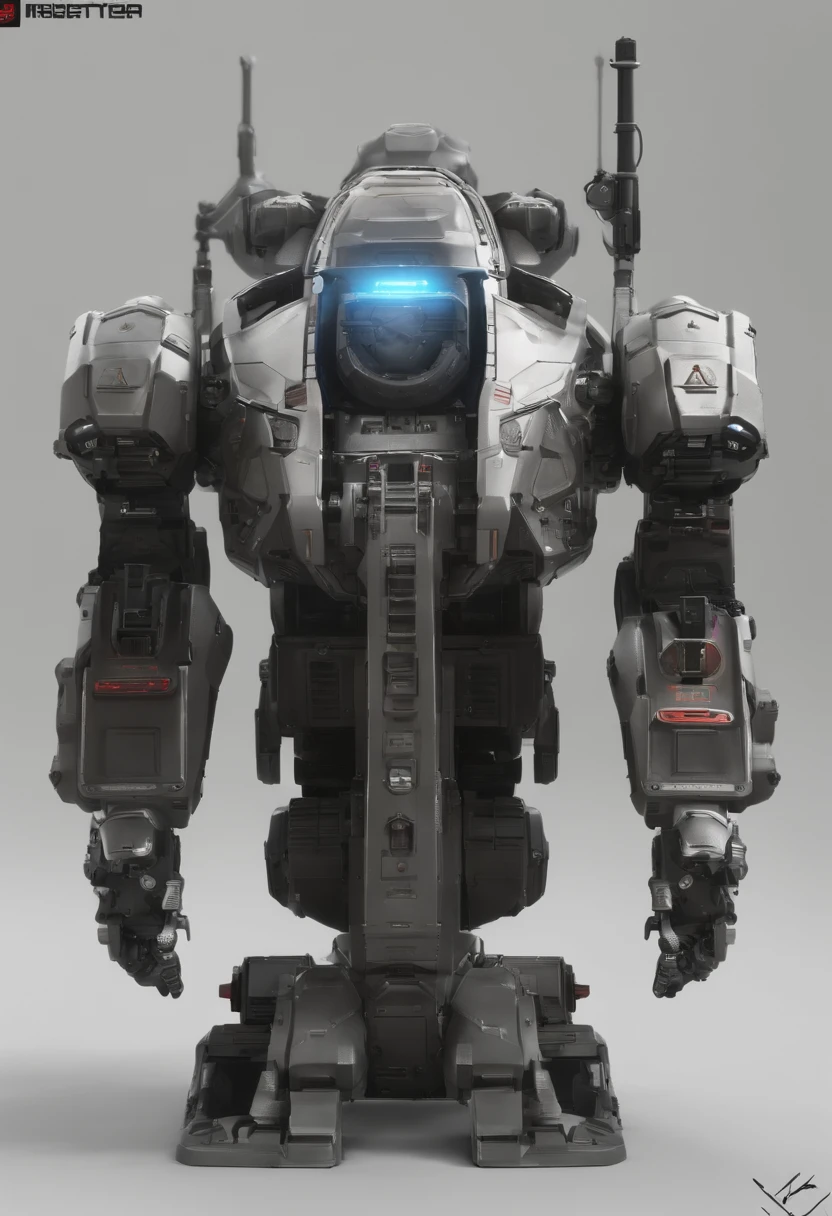 Mech de pie, Frontal de cuerpo completo, sencillo_fondo, Blanco_fondo, Reggie Acero, metalic, arena negra, Laser sight, owtech, Science-Fiction, estilizado, GHIBLI, Dibujo monocromo plano, Luz y sombra realistas, cyberpunk, futuristic, Arte digital, La mejor calidad, Graphic animation, SFW, Sector estelar, sci fi style, High-tech product, Science-Fiction, fantasy, Detalle muy detallado, Pintura digital, Tendencias en ArtStation, Arte conceptual, foco nítido, 插圖,