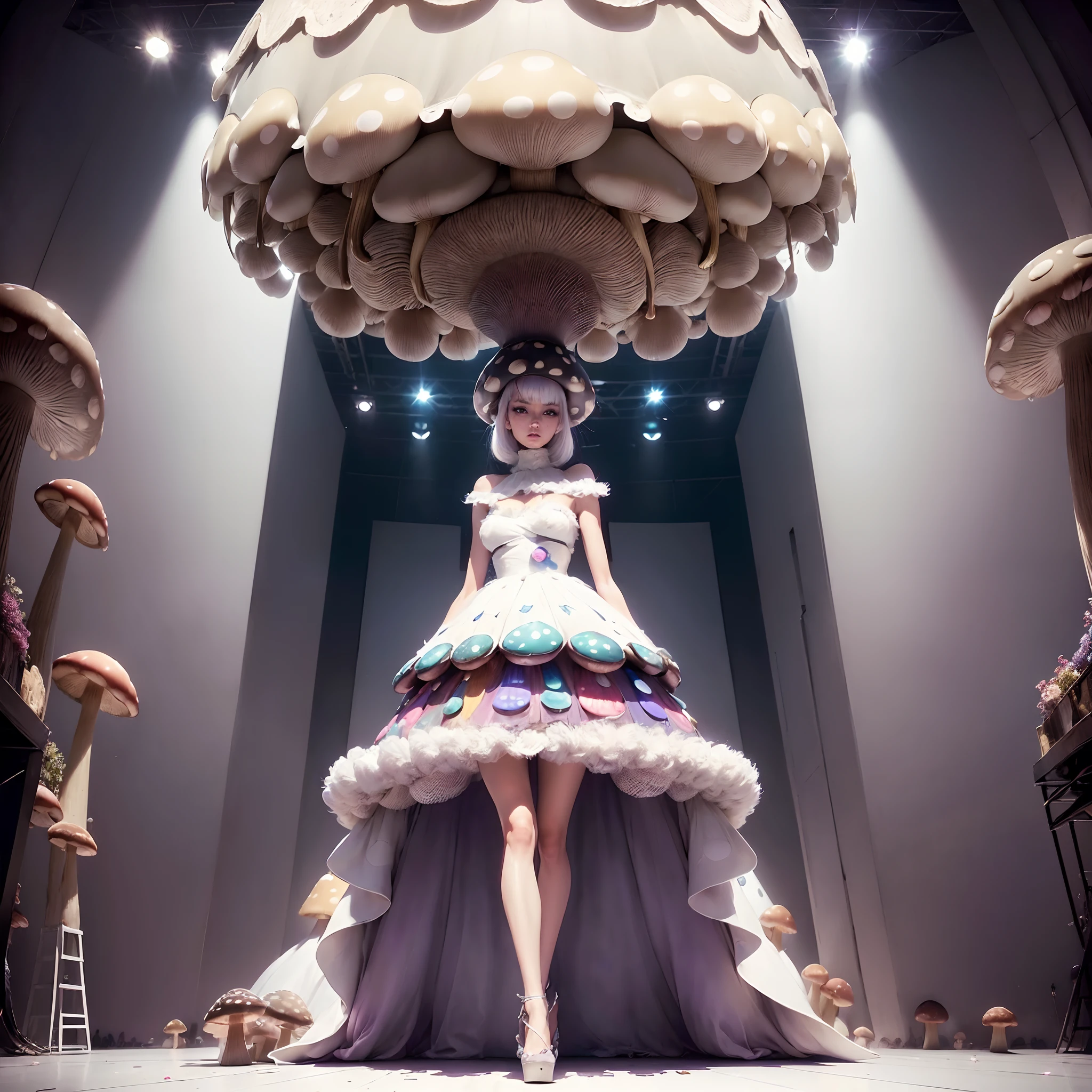 (super model:1.3), fashion show, model walking, (walking runway:1.3), (audience:1.3),
break
eccentric fashion, (fluffy dress:1.3), spot light, full body,
break
starly eyes, platinum hair, sparkle skin, (mushroom on head:1.3), (hyperrealistic, raw photo), (pastel color:1.2), (flat color:1.2), serious, (huge monitor:1.2), (from below, from side:1.2), (fisheye:1.2),