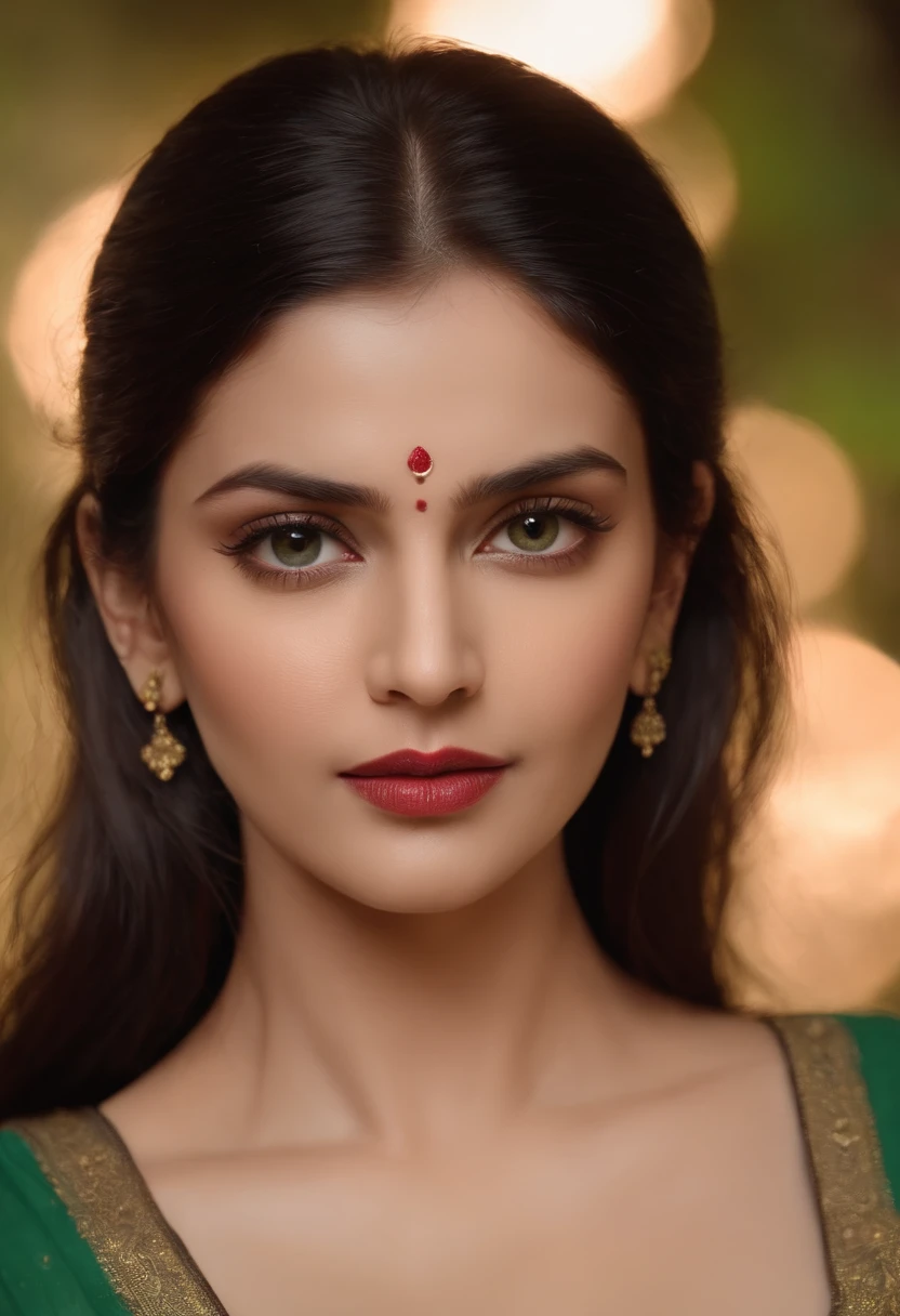 Deepti Bhatnagar, (((a deep reddish wound crosses her left cheek))) fair complexion, woman around 29 years old, large breasts, deep cleavage , natural black hair, distinctive green eyes, wearing kohl, slender and graceful, beautiful, candlelight in a medieval setting, ultra sharp focus, realistic shot, medieval female clothes, tetradic colors (scar:1.4)
