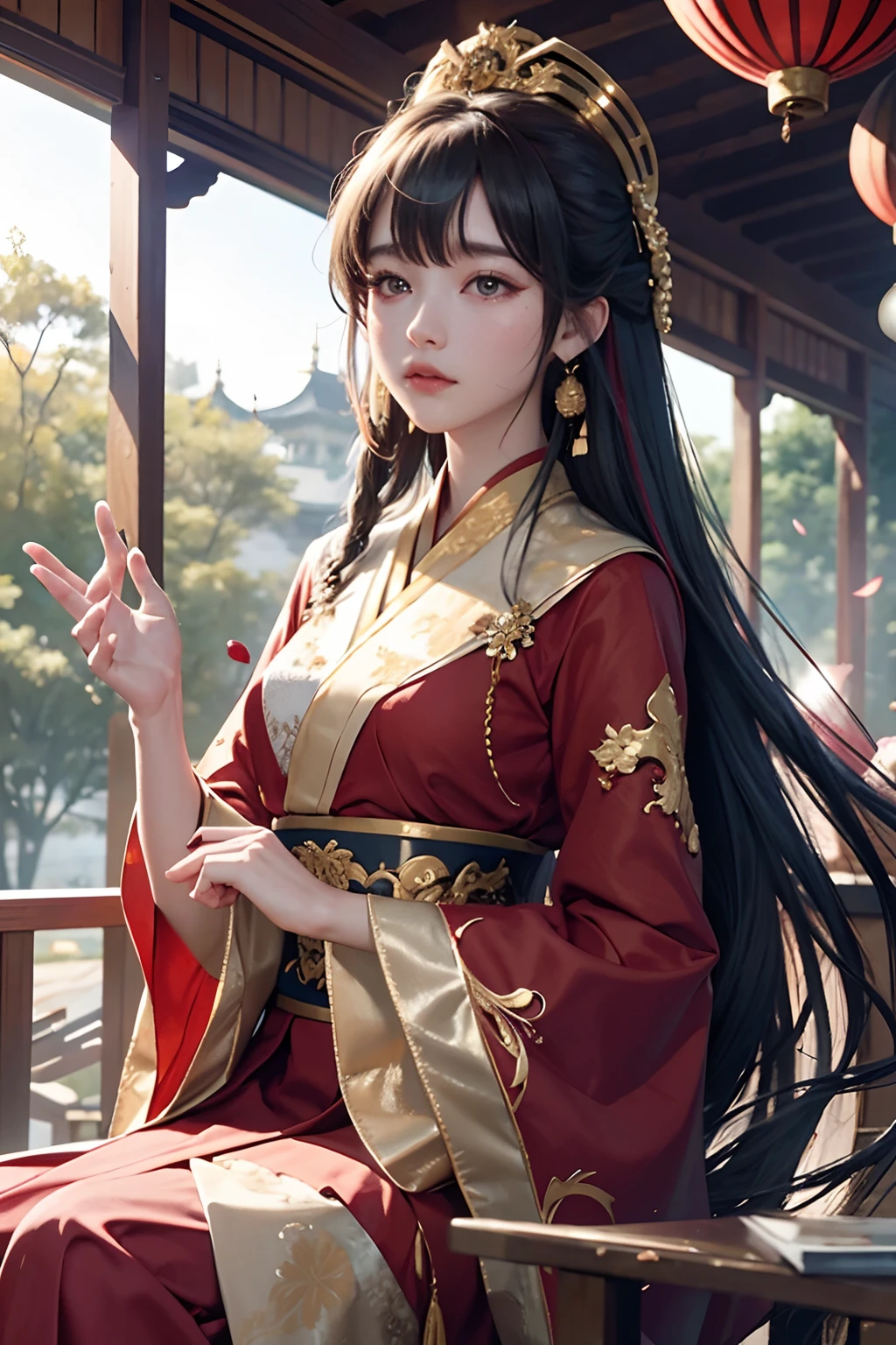 top-quality、masterpiece、hight resolution、(exquisite body:1.5)、gorgeous faces、(milky skin:1.3)、intricate detailes、hight resolution、wall-paper、
1girl, 独奏, doress, hair adornments, (((gold and red dresses)))), florals, shorth hair, greyt hair, a closed mouth, jewely, long-sleeve, Raise your hands, Wide sleeves, big eye,Floating hair, Hanfu, Han Feng, embroideries, long skirt, Natural pose, Falling petals, inside the house,demagoguery, paper lanterns,
16K、HDR、Hi-Res、Depth Field、(film grains:1.1)、Boken、the golden hour、(lensflare)、vignettes、rainbow、(colour grading:1.5)